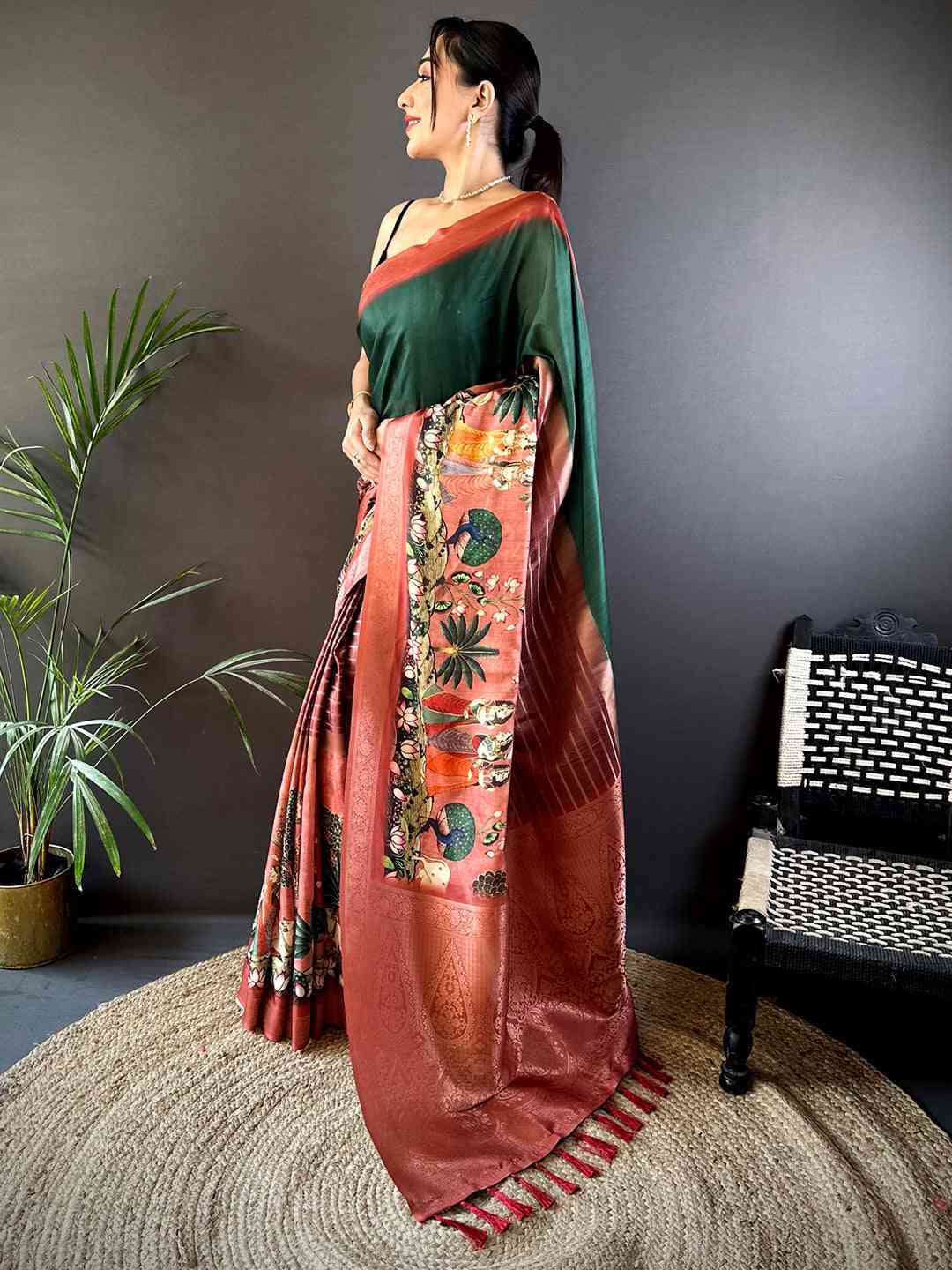 Green Soft Silk Placement Digital Print Saree by My Store
