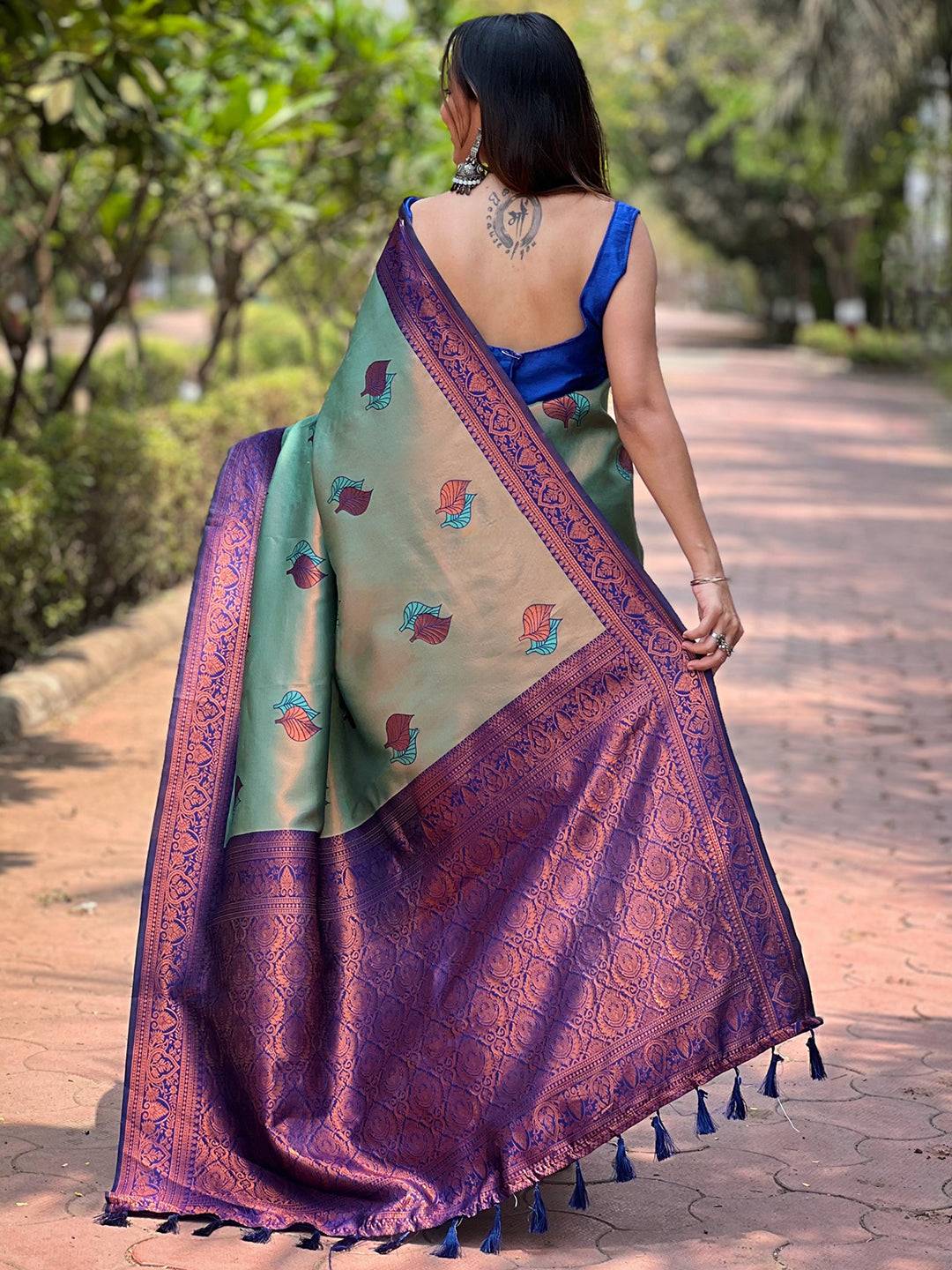 Pista Kanjivaram Tissue Saree With Gold Zari Weaving by My Store