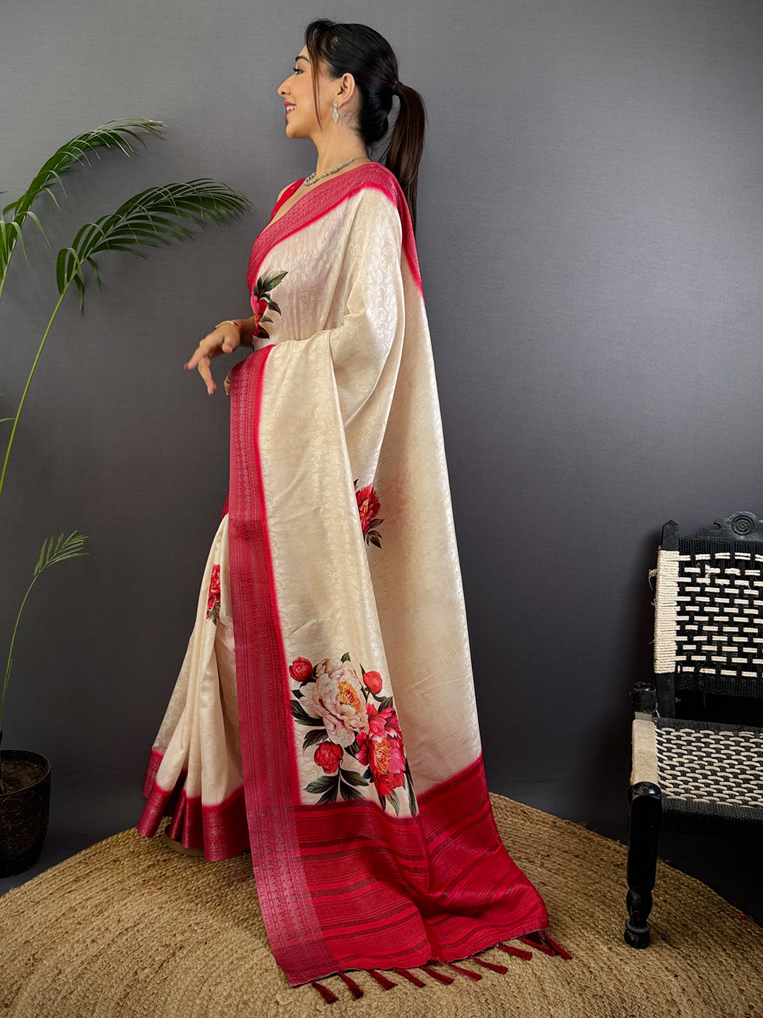 Off White Digital Print Soft Dola Silk Saree by My Store