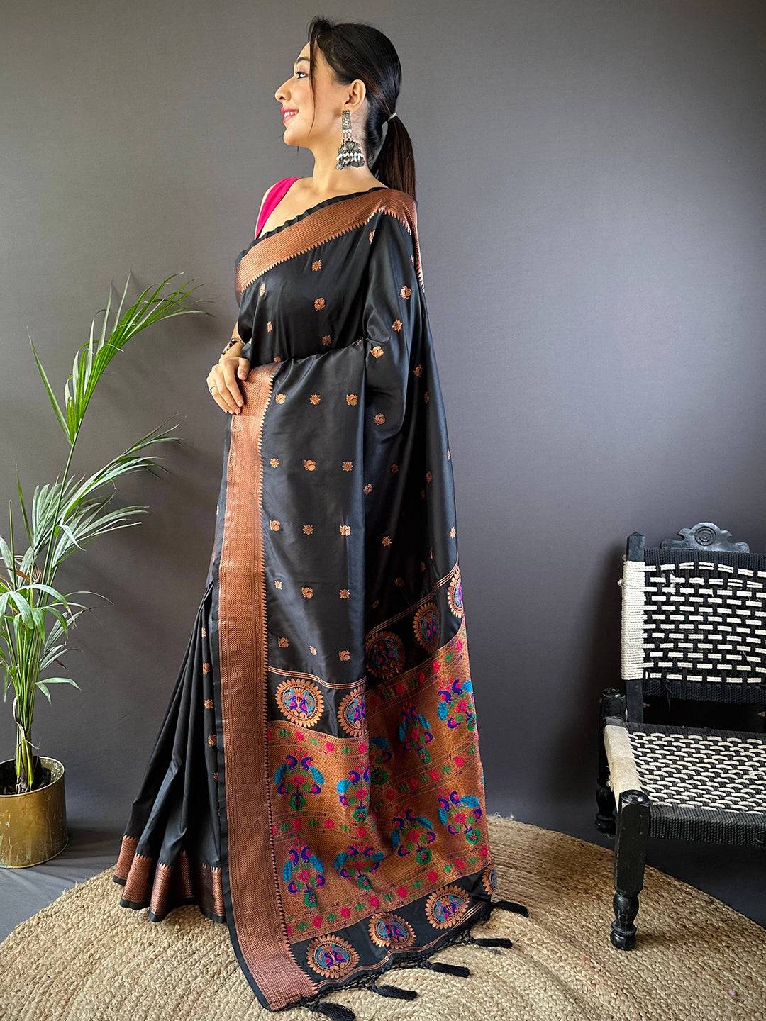 Raven Black Copper Elegance Soft Silk Saree by My Store