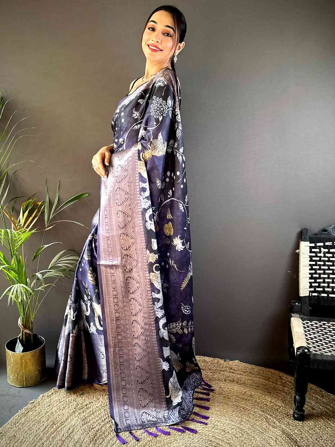 Purple Soft Silk Animal Bandhej Saree by My Store