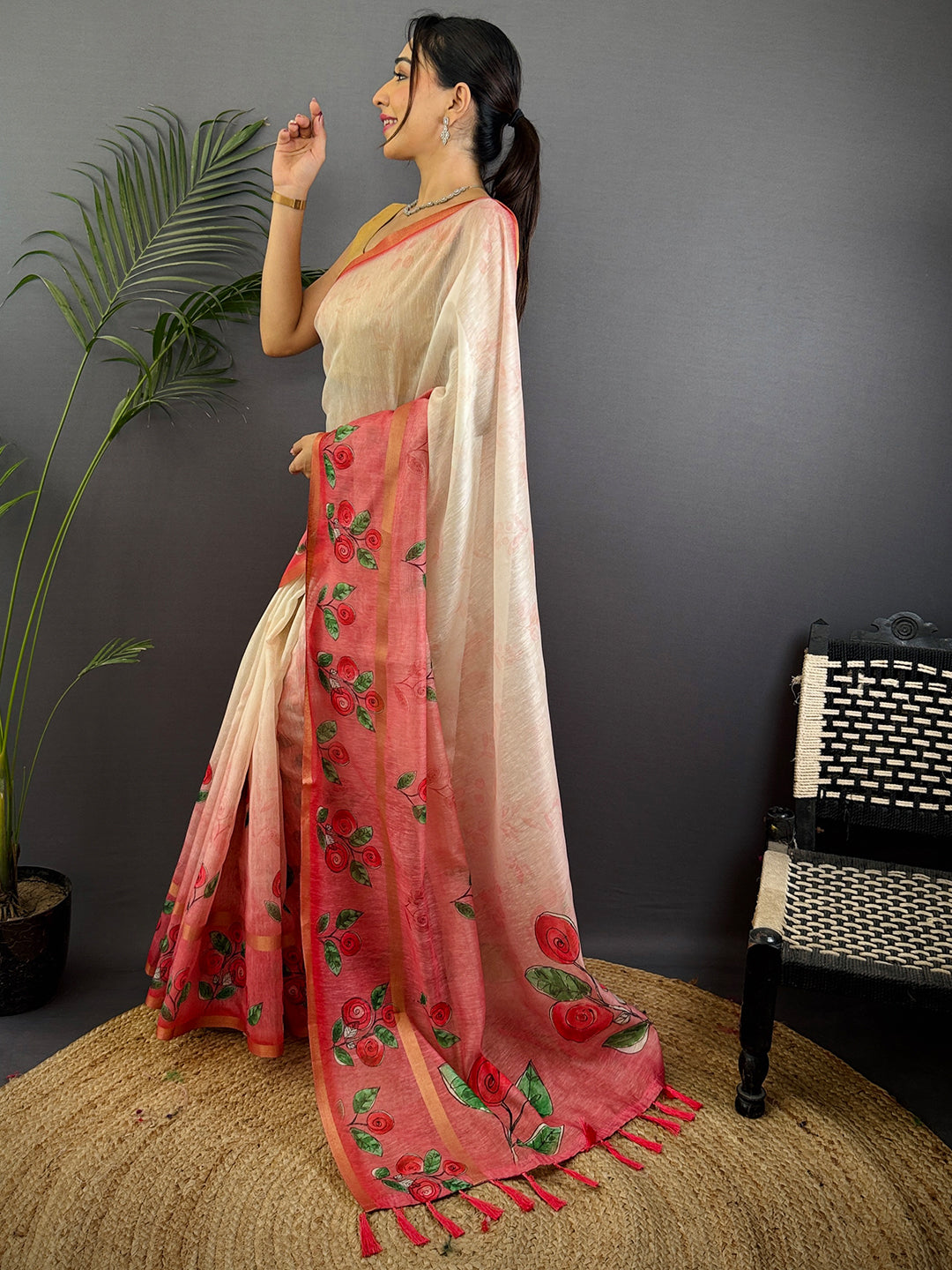 Red Linen Chanderi Floral Print Saree by My Store