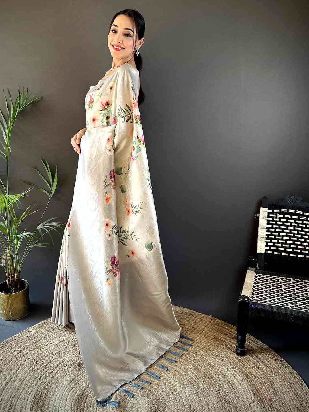 Light Beige Kanjivaram Digital Silk Saree by My Store