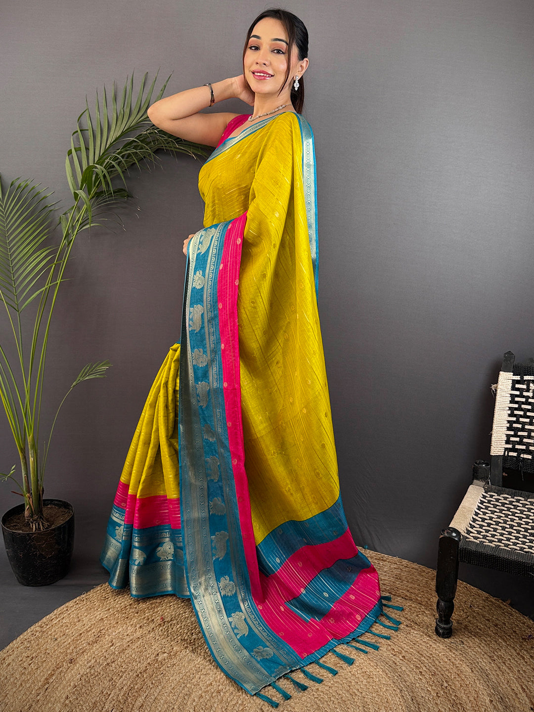 Yellow Soft Dola Silk Striped Print Saree