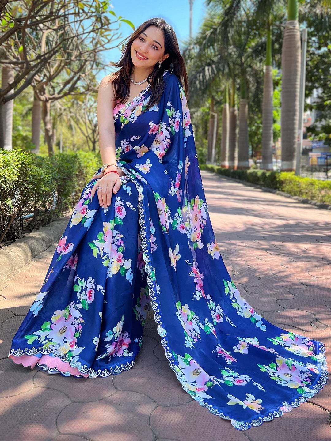 Navy Satin Georgette Floral Print Saree by My Store