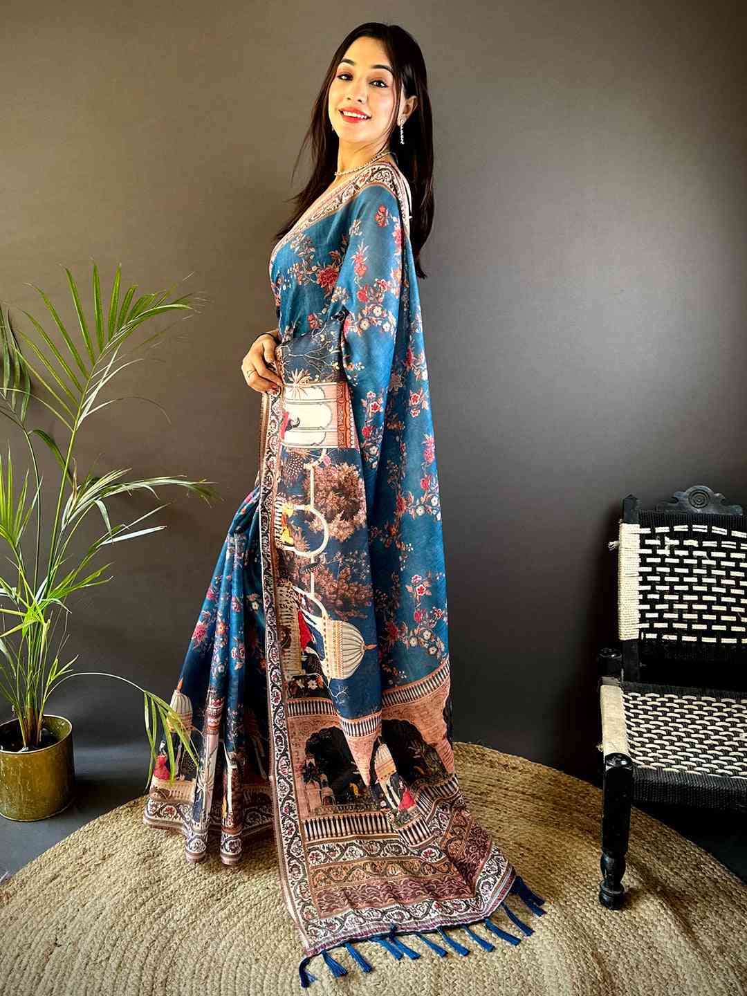 Deep Blue Tissue Chanderi Kalamkari Handprint Saree by My Store