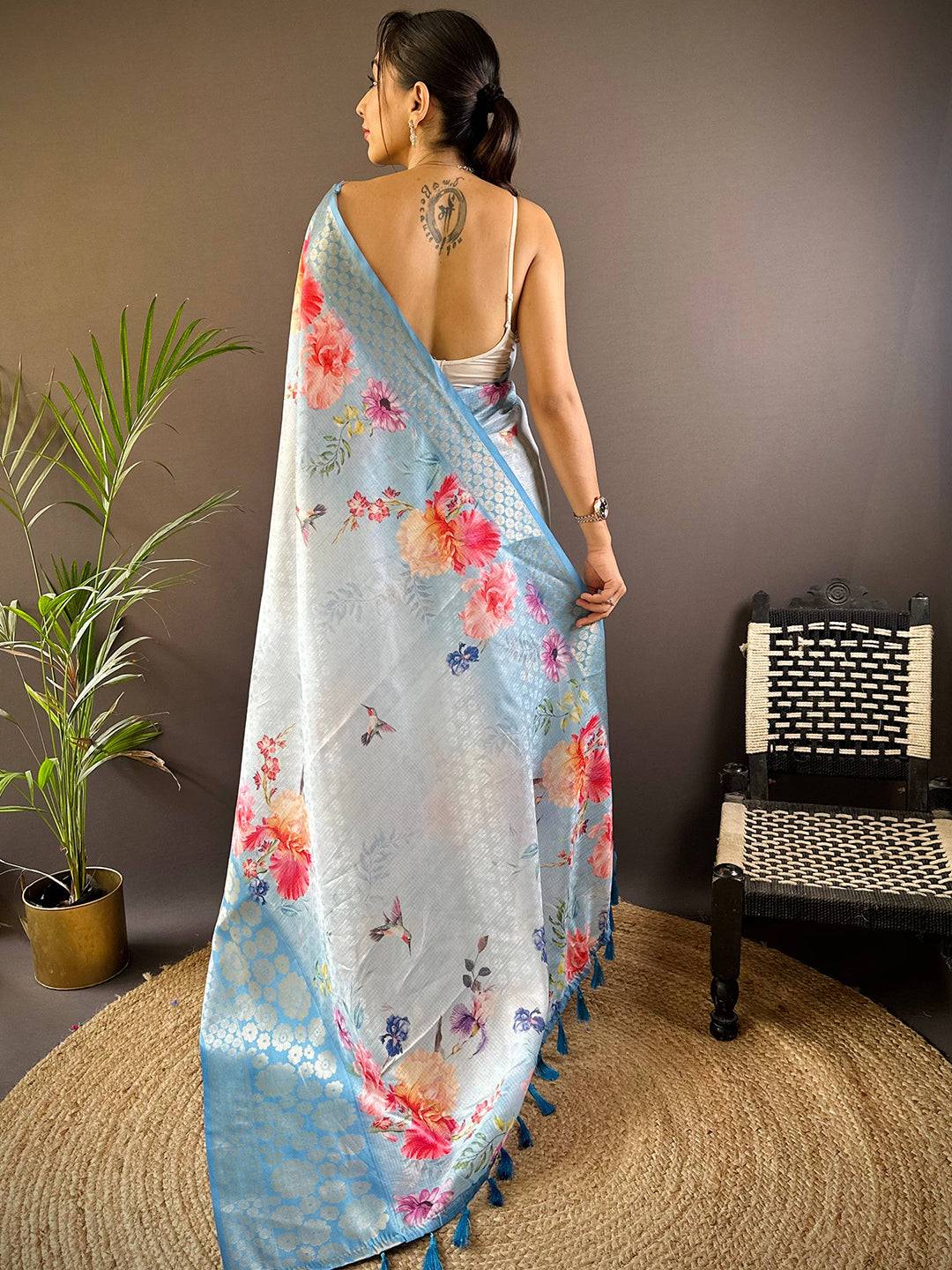 Sky Blue Kota Doriya Zari Floral Kanchi Border Saree by My Store