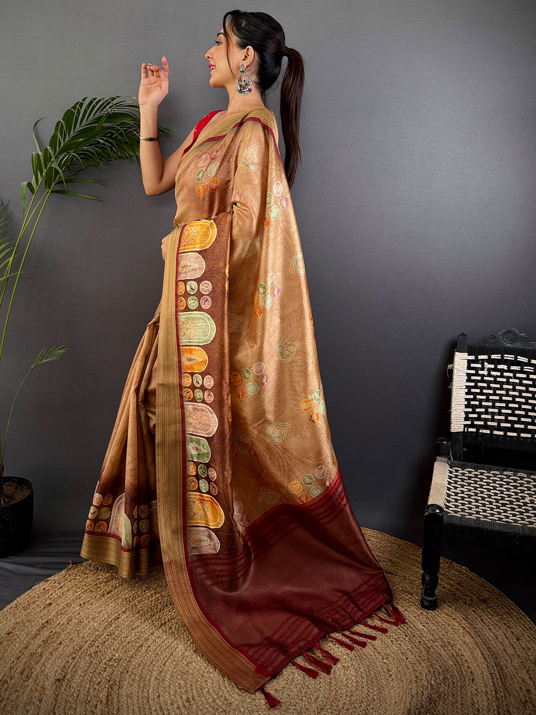 Light Brown Tussar Silk Kalamkari Print Saree by My Store