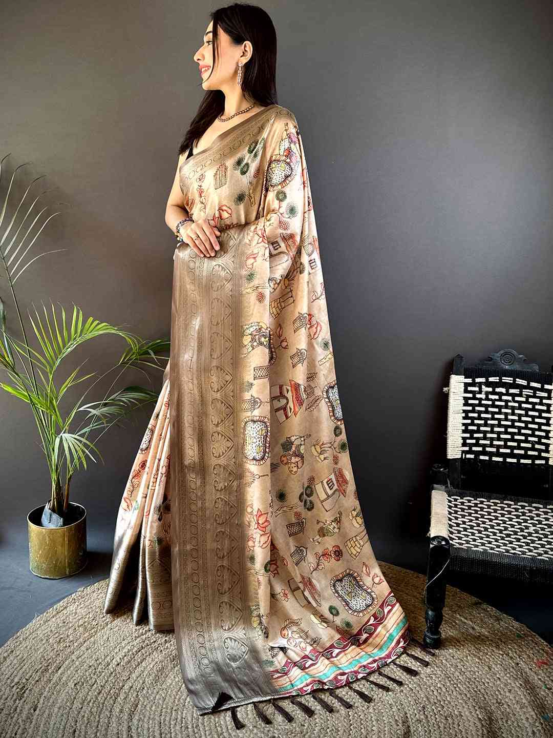Soft Silk Kalamkari Print Saree In Peach by My Store