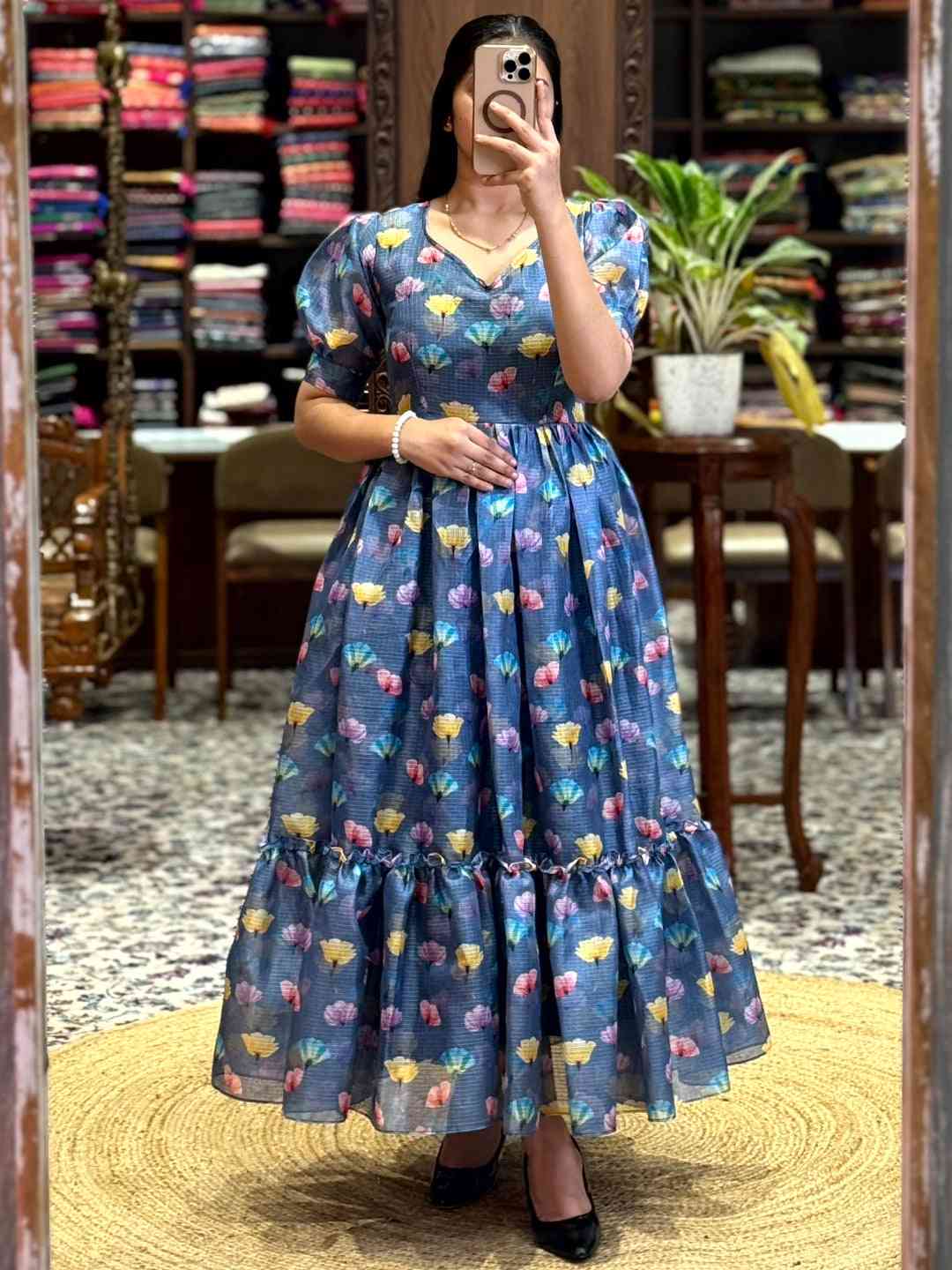 Denim Blue Floral Print Midi Dress by My Store