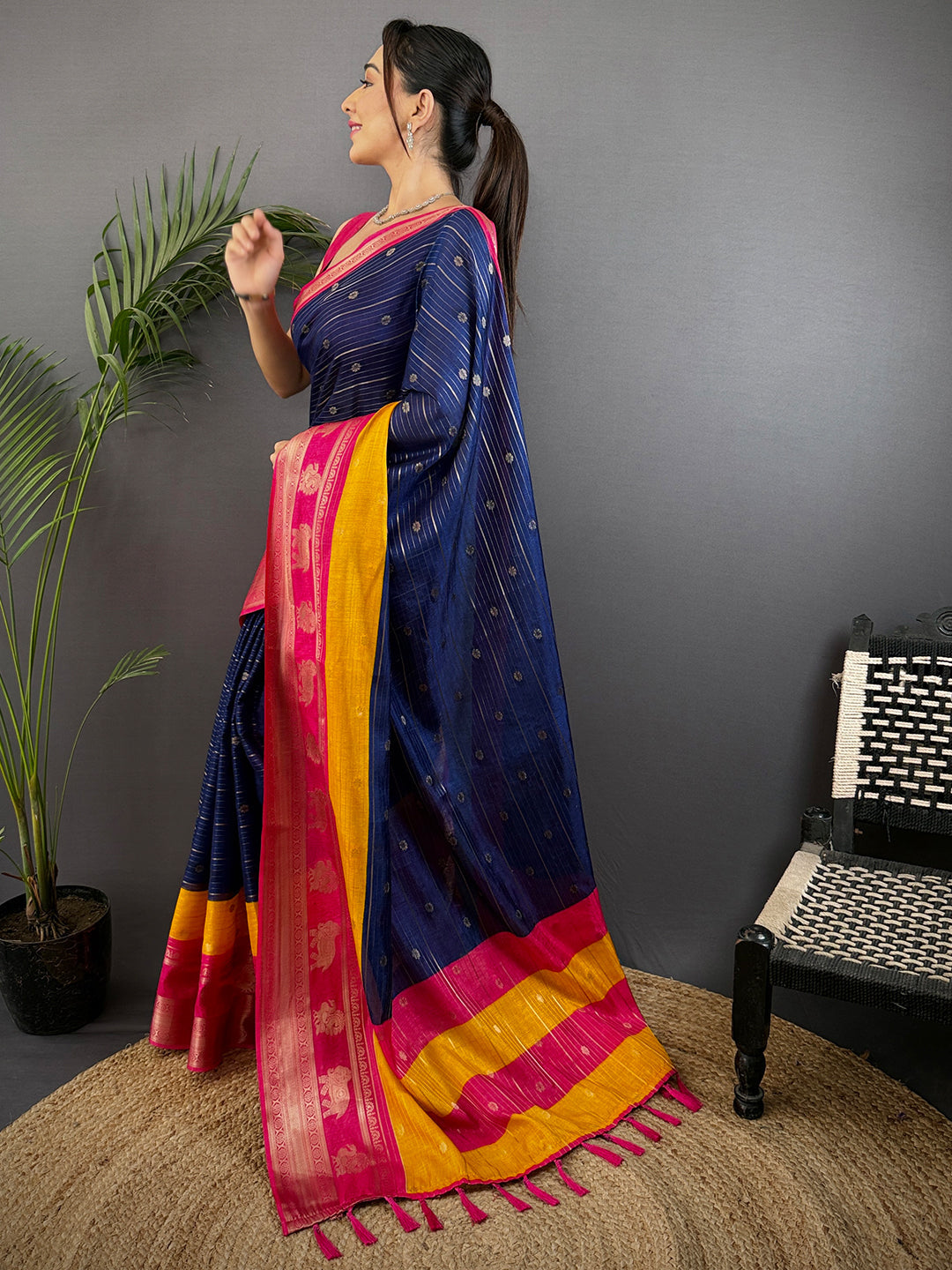Royal Blue Soft Dola Silk Striped Print Saree by My Store