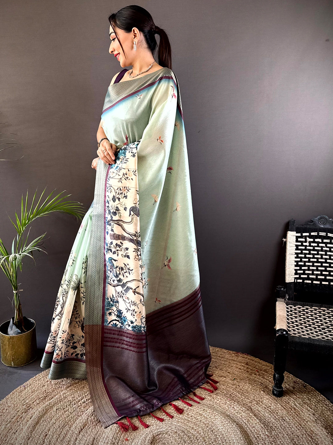 Mint Green Digital Kalamkari Printed Tussar Silk Saree by My Store