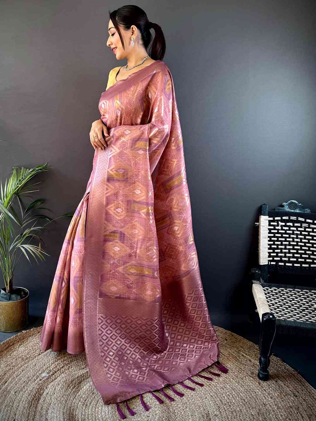 Blush Pink Banarasi Silk Katan Geometric Saree