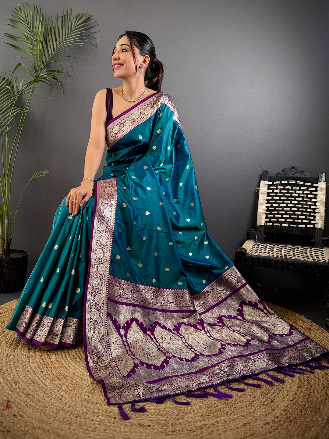 Teal Blue Soft Silk Feather Saree by My Store