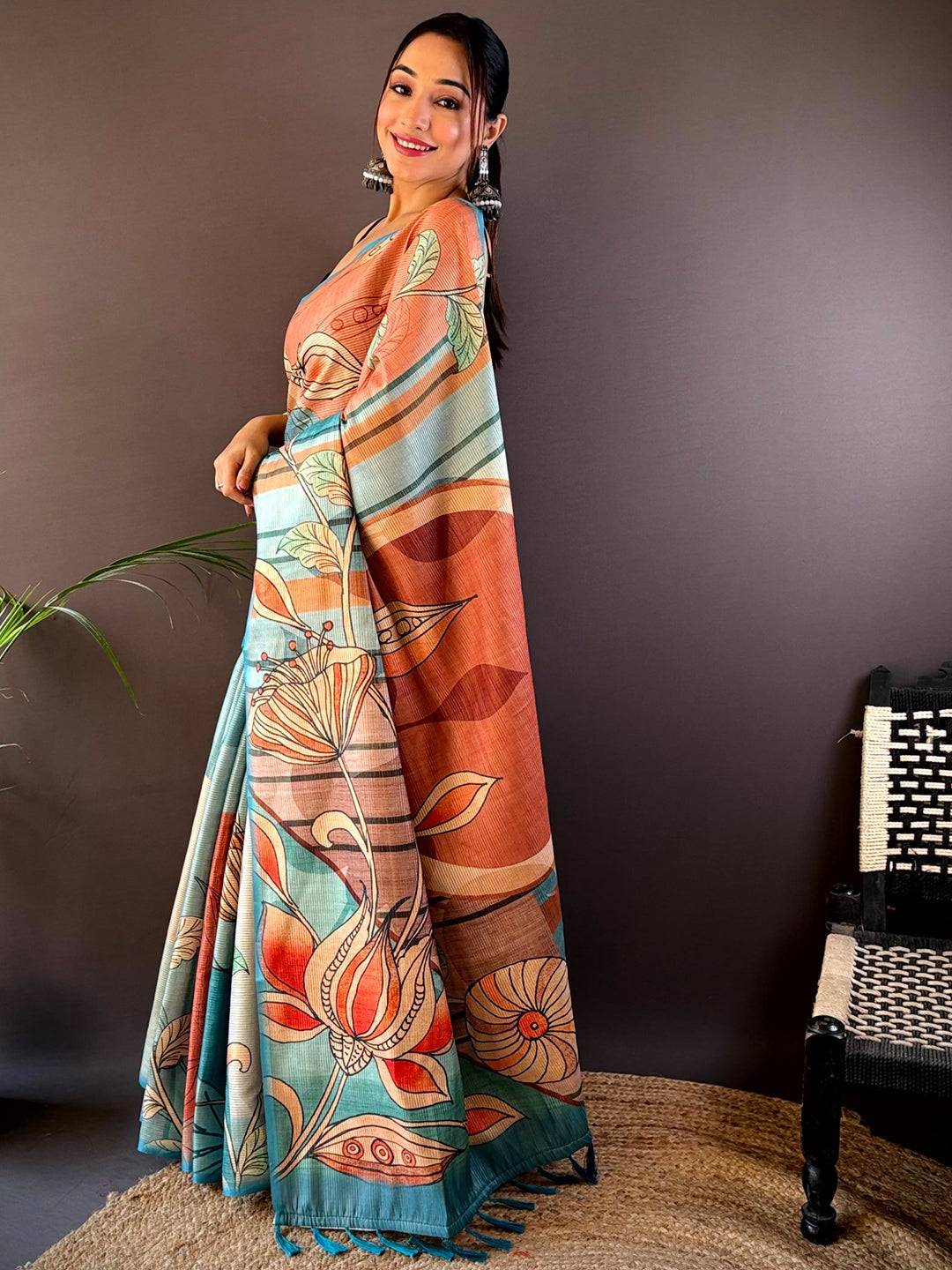 Teal Zari Tussar Printed Saree