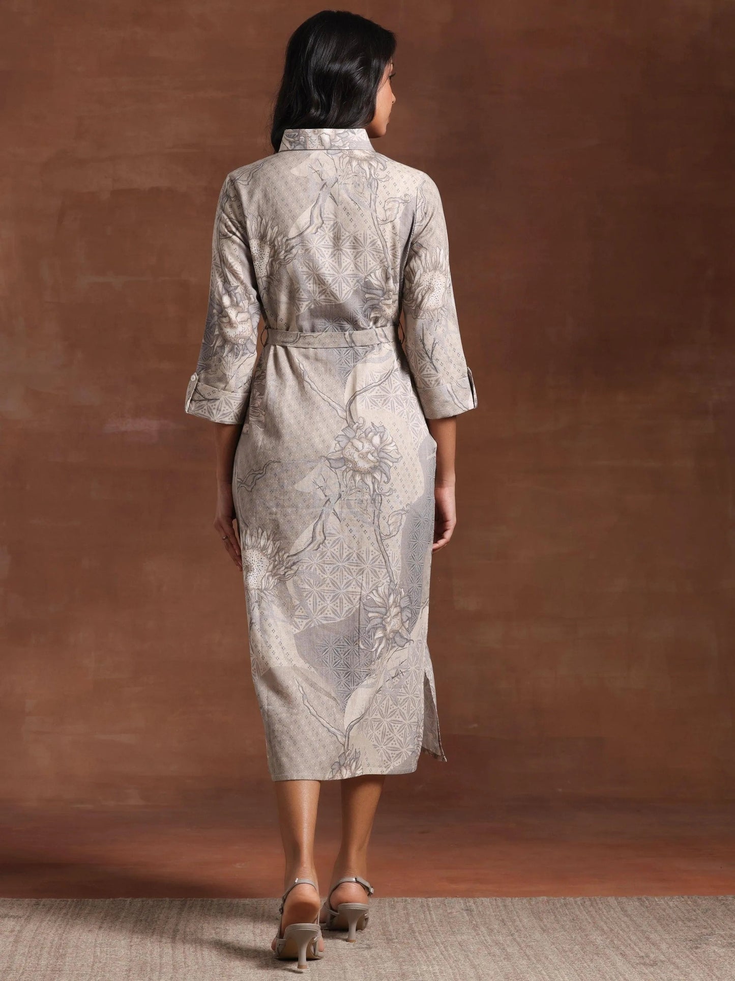 Off White Printed Cotton Blend Shirt Dress