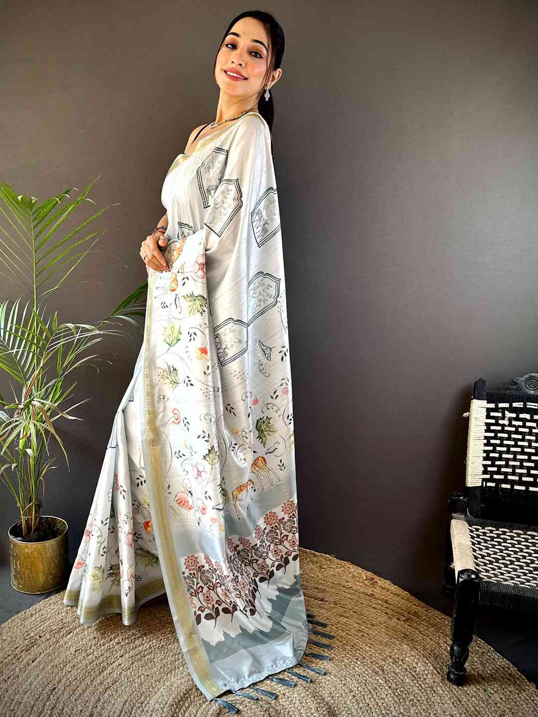 Hippie Blue Forest Phulkari Kalamkari Print Saree by My Store