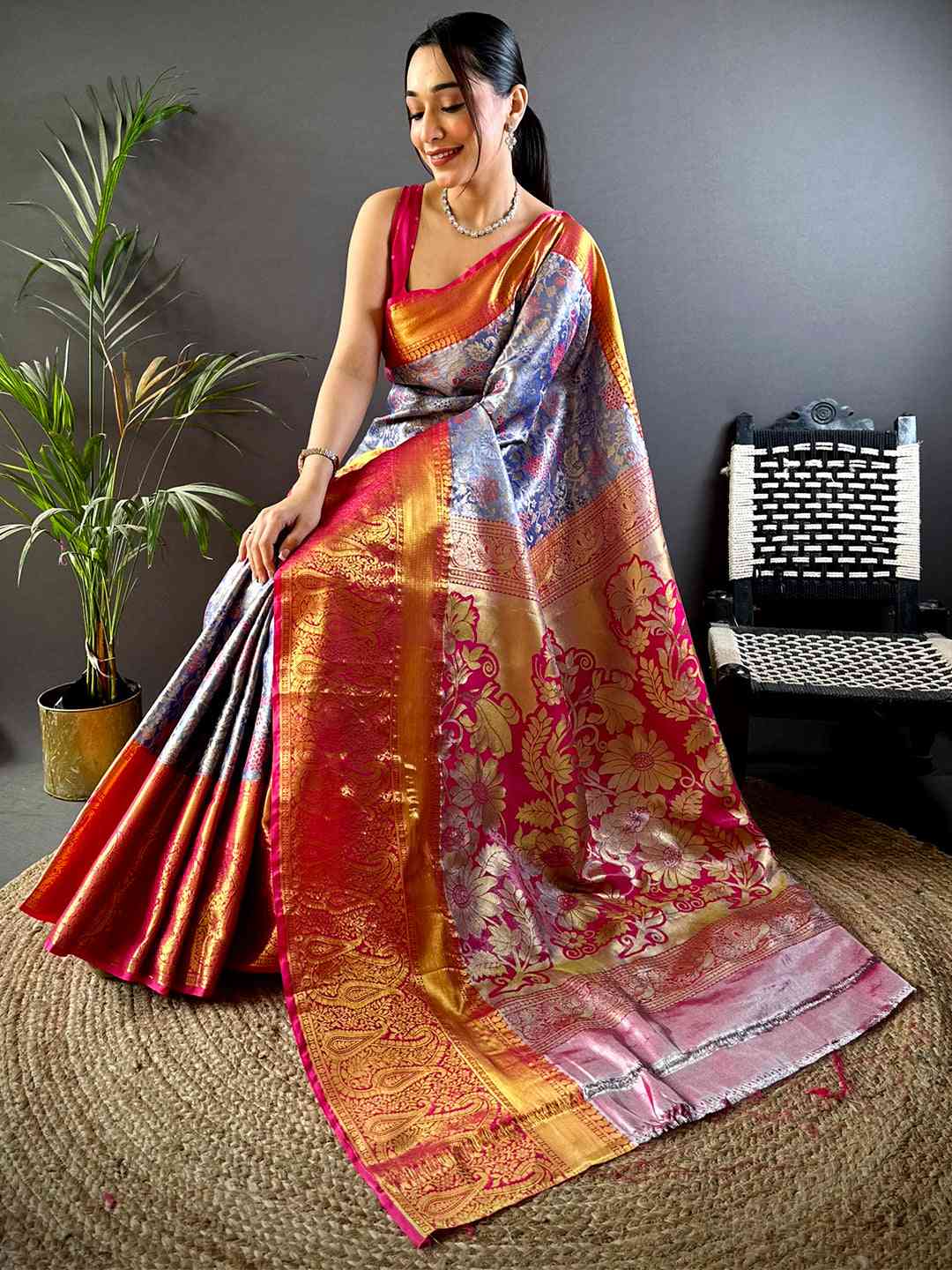 Royal Blue Dharmavaram Silk Floral Saree by My Store