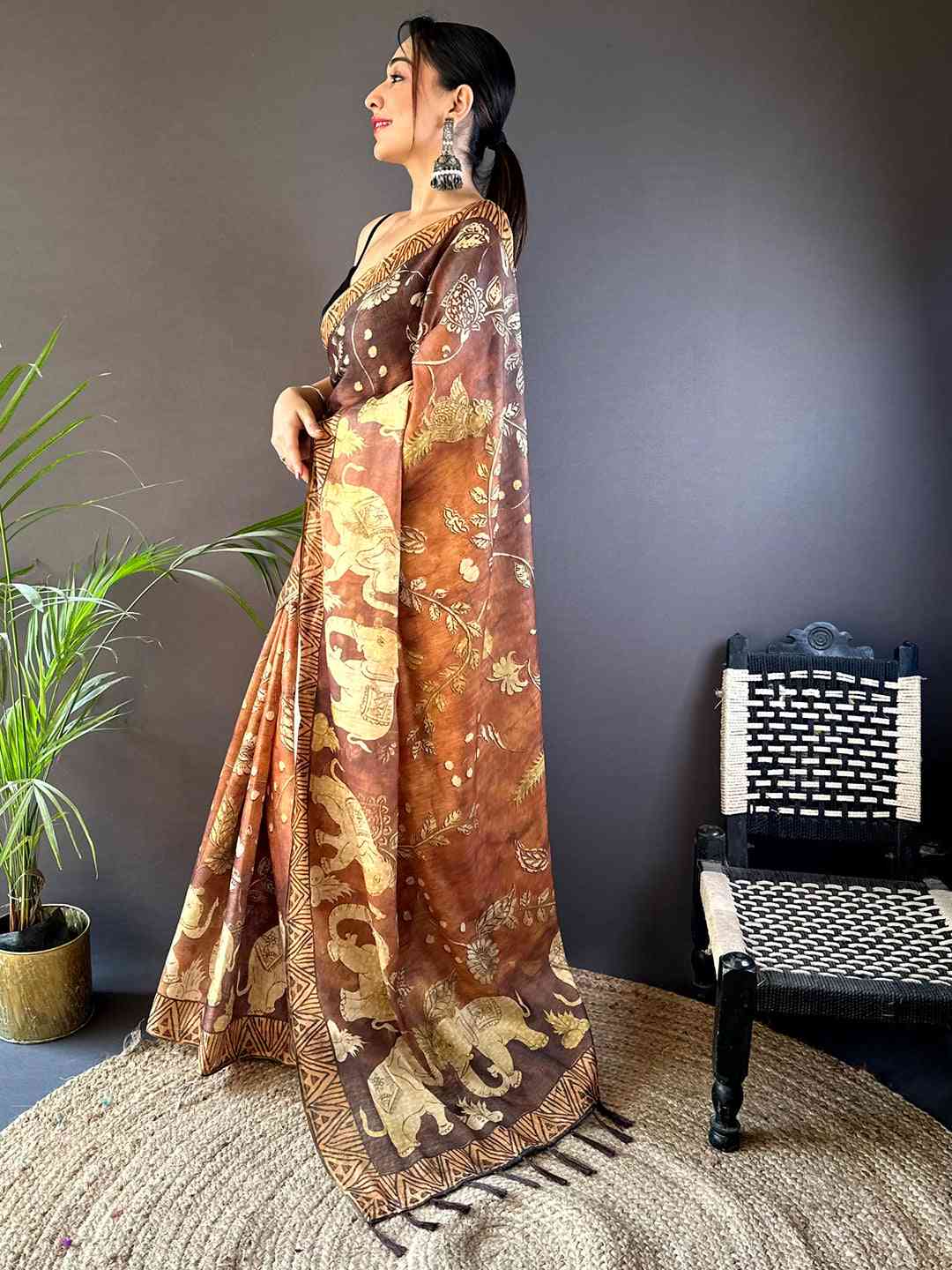 Mustard Kalamkari Block Print Chanderi Saree by My Store