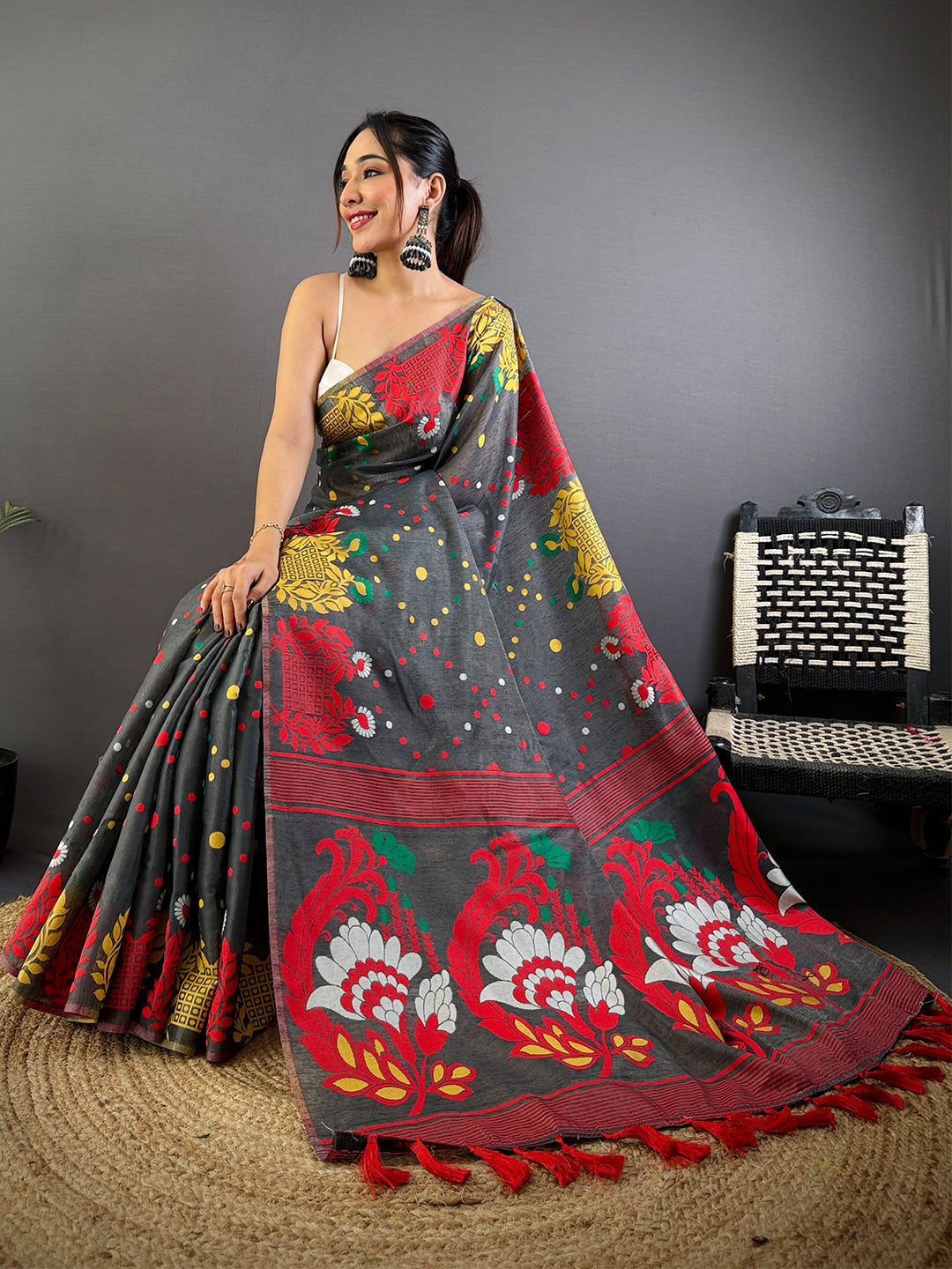 Grey Dhakai Jamdani Cotton Silk Saree by My Store