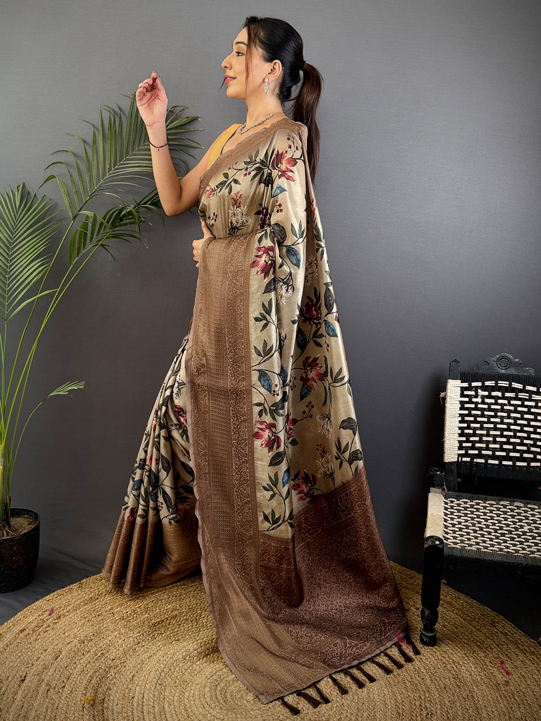 Radiant Black Aura Silk Floral Print Saree