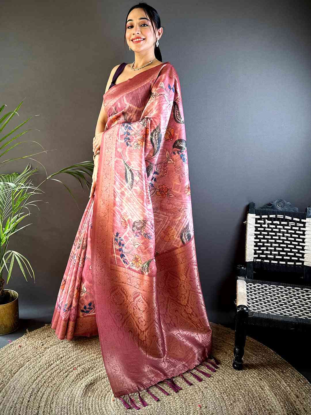Peach Banarasi Kalamkari Print Saree by My Store