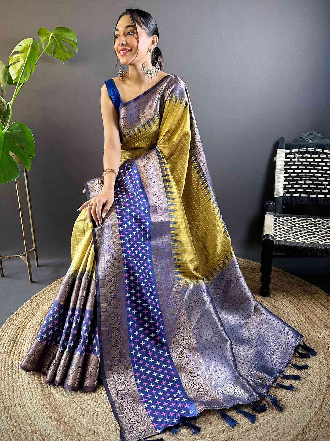 Green Chex Ikkat Saree With Double Border by My Store