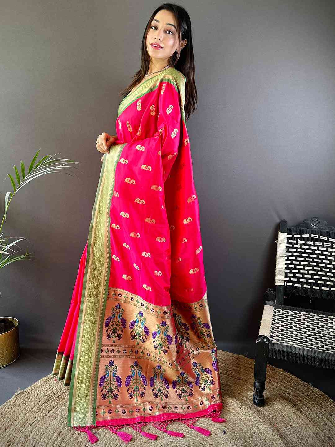 Exquisite Yevla Paithani Minakari Work Silk Saree in Pink Colour by My Store