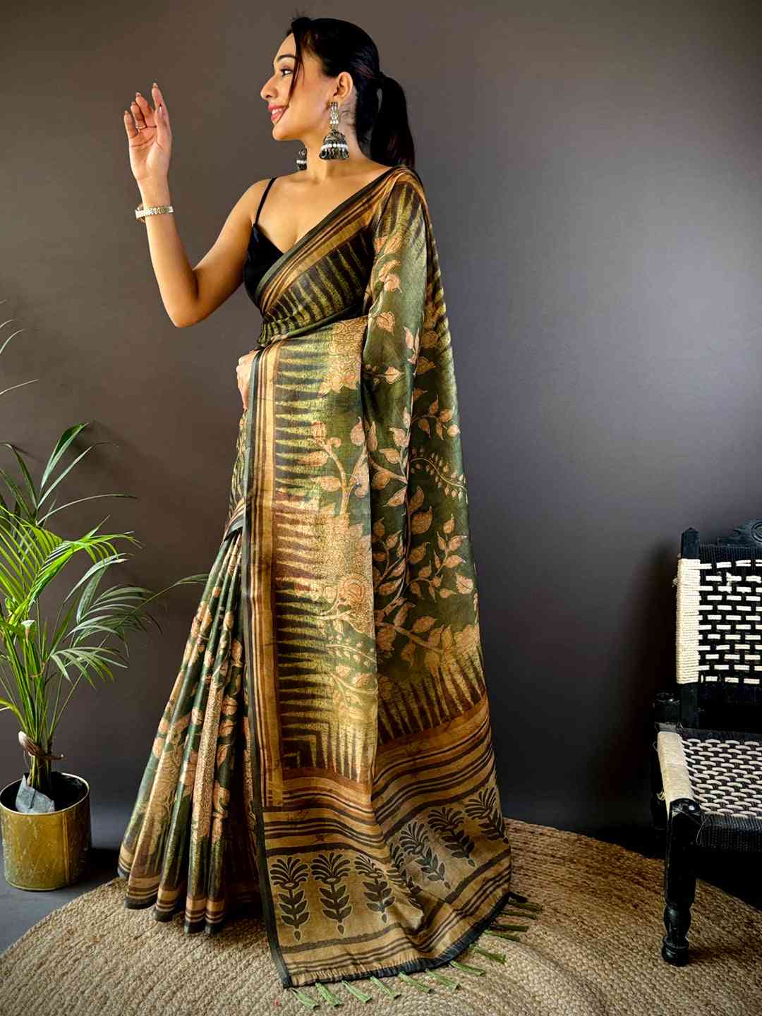 Olive Green Floral Stripes Tissue Saree by My Store