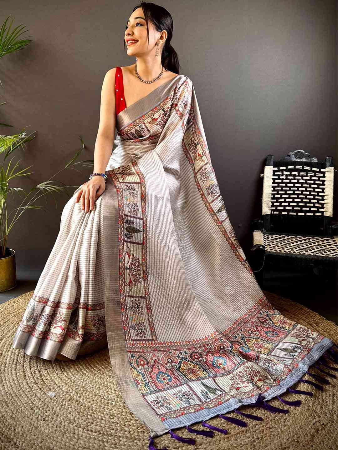 Graceful Off White Soft Silk Chex Saree by My Store