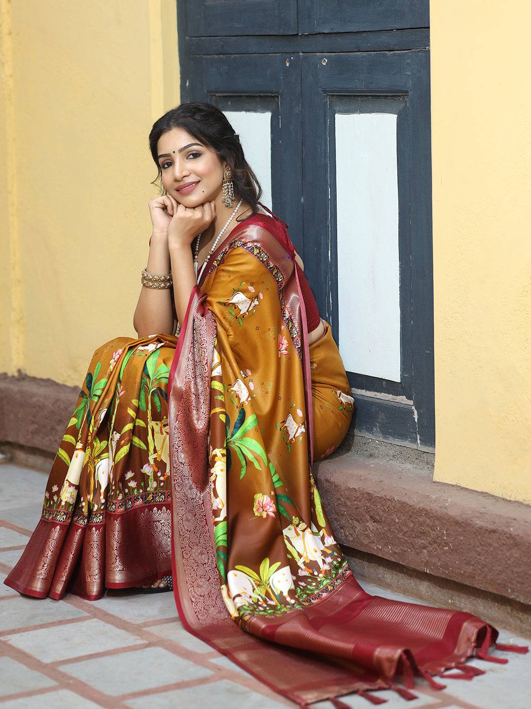 Pichwai Print Zari Weaving Pallu Saree In Mustard Colour - Luxe by My Store