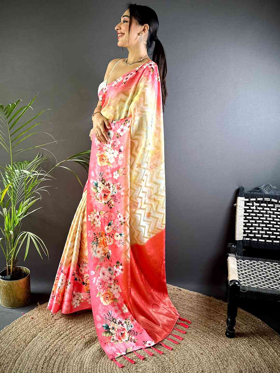 Pink Zari Zigzag Kota Doriya Saree by My Store