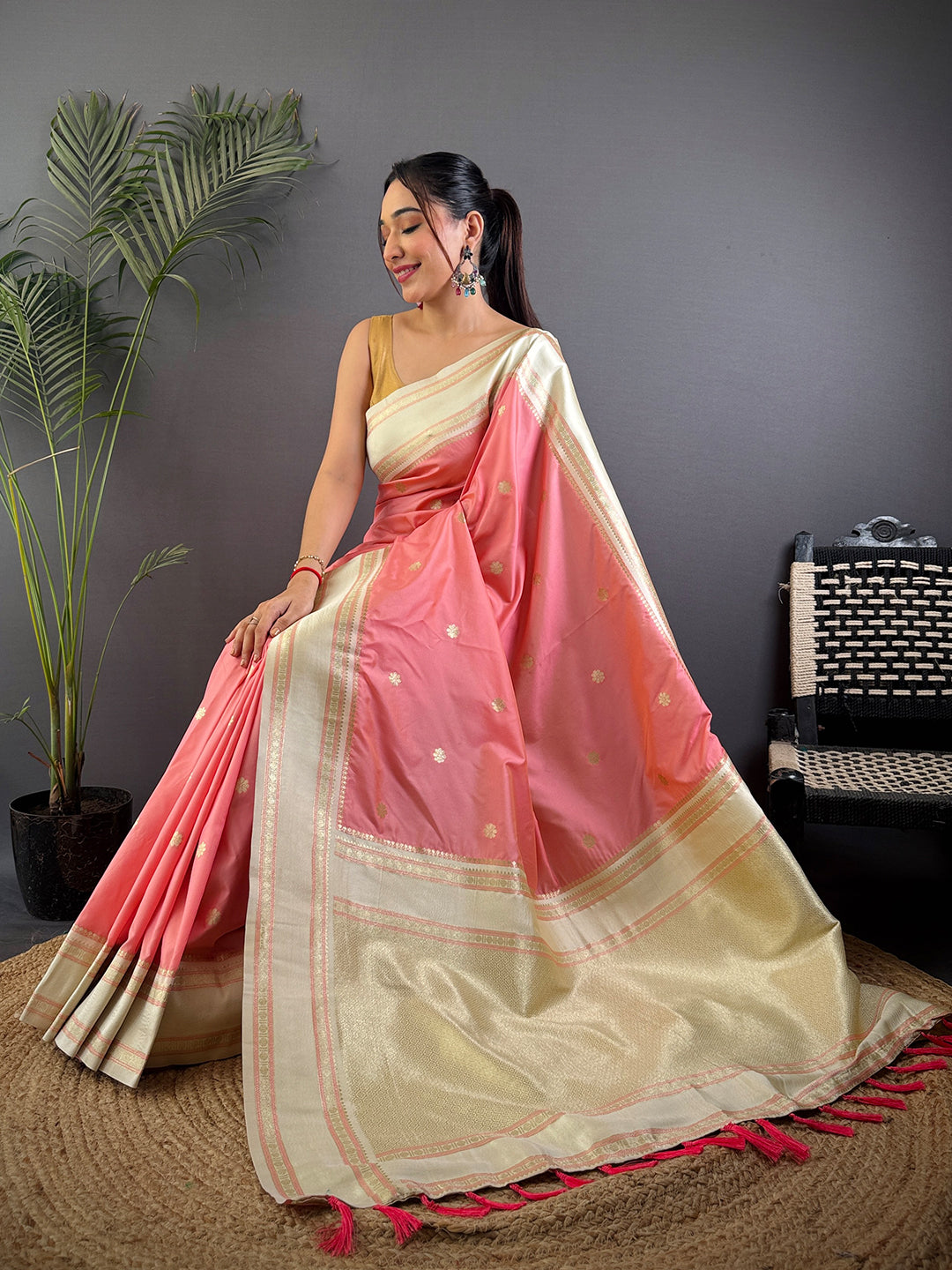 Radiant Peach Soft Silk Floral Butta Saree
