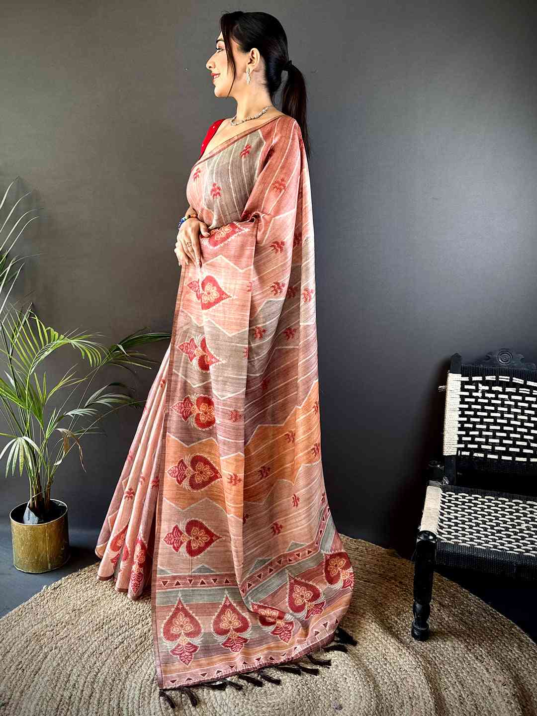 Rust Tissue Chanderi Geometric Floral Saree by My Store