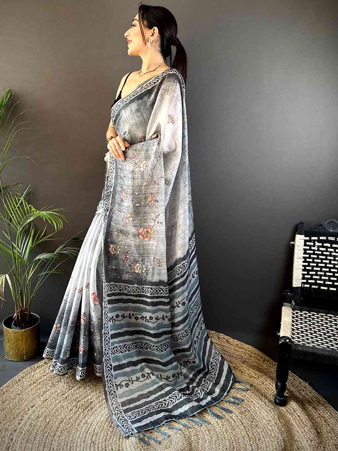 Grey Tissue Digital Print Saree by My Store
