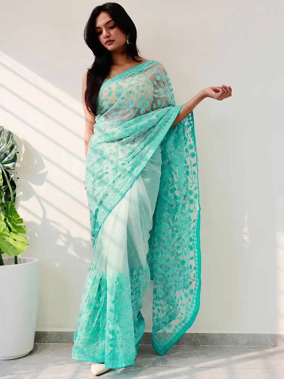 Elegant Saree Adorned with Ethnic Motifs, Intricate Threadwork, and Embellished Borders by My Store