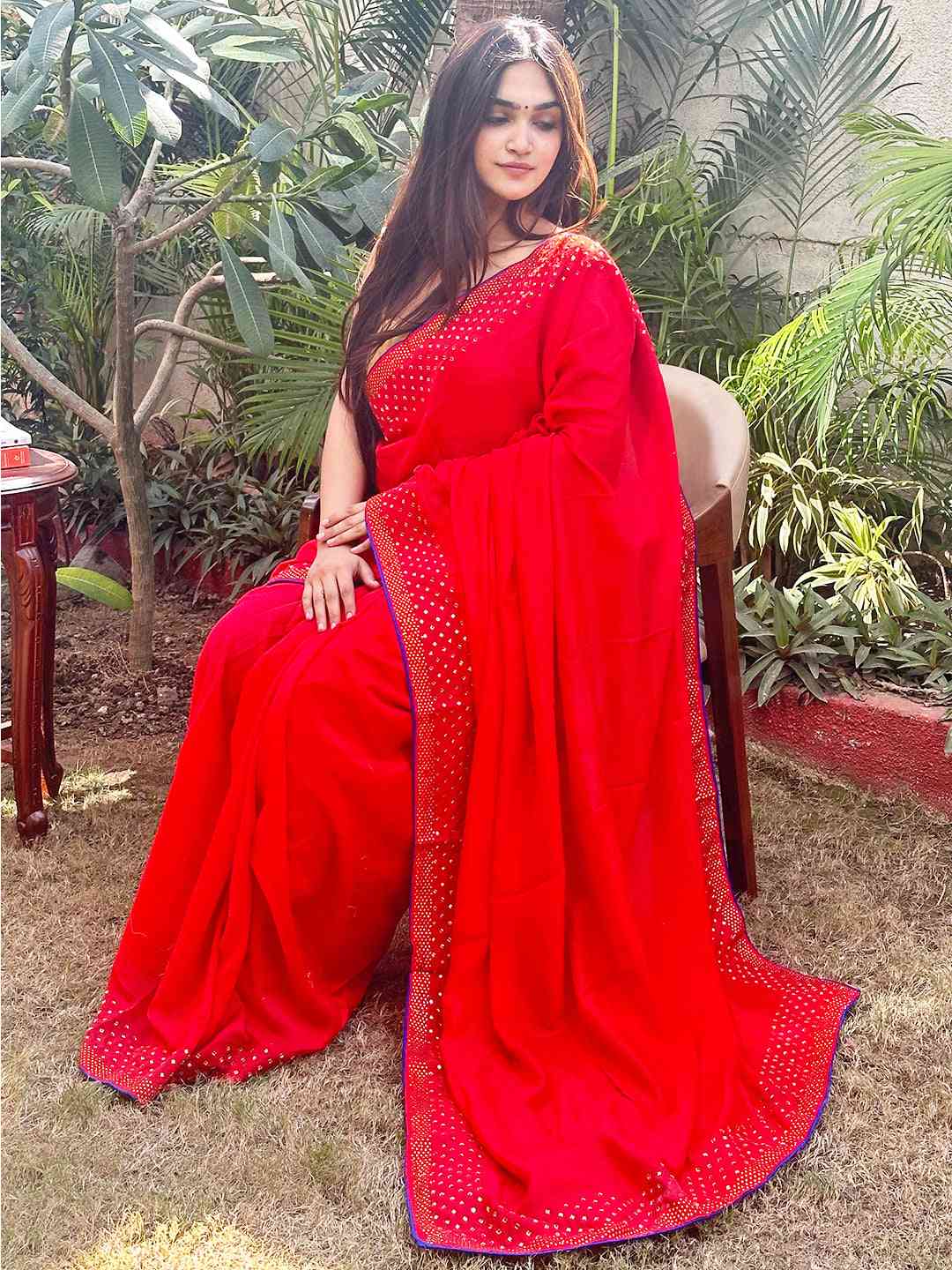 Red colour Vichitra Silk Saree With Embellish Swarovski Stone work by My Store