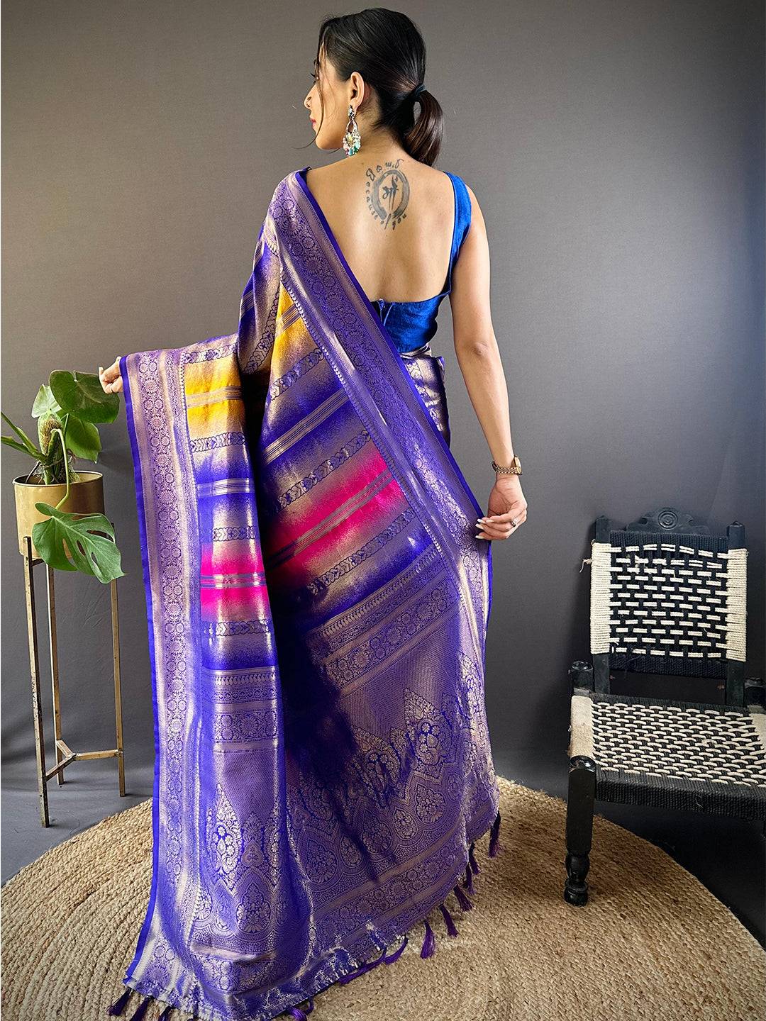 Regal Purple Stripes Banarasi Silk Saree by My Store