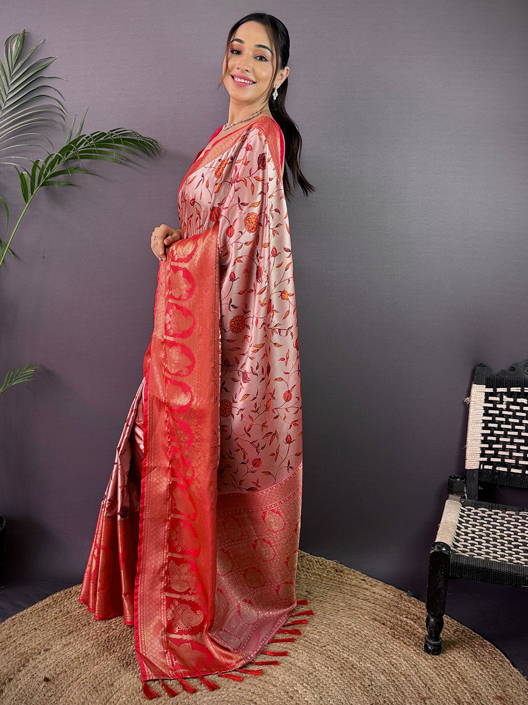 Elegant Soft Cherry Satin Kalamkari Print Saree by My Store