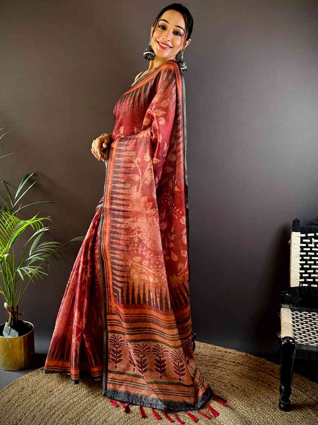 Rust Red Floral Stripes Tissue Saree by My Store