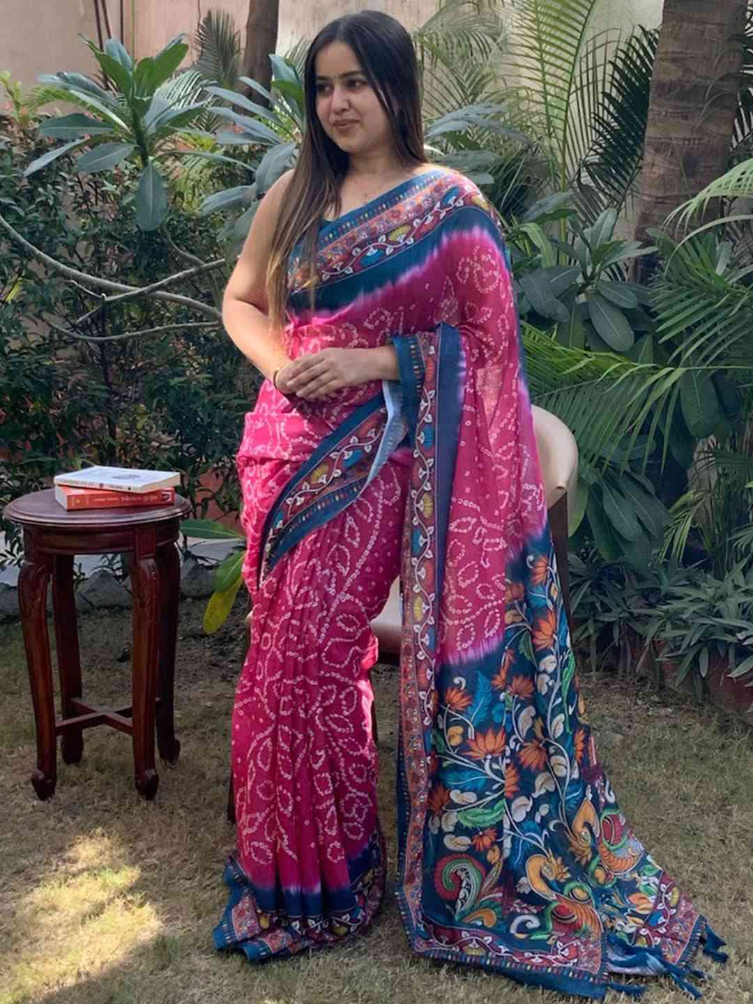 Linen Bandhej Kalamkari Digital Print Saree by My Store