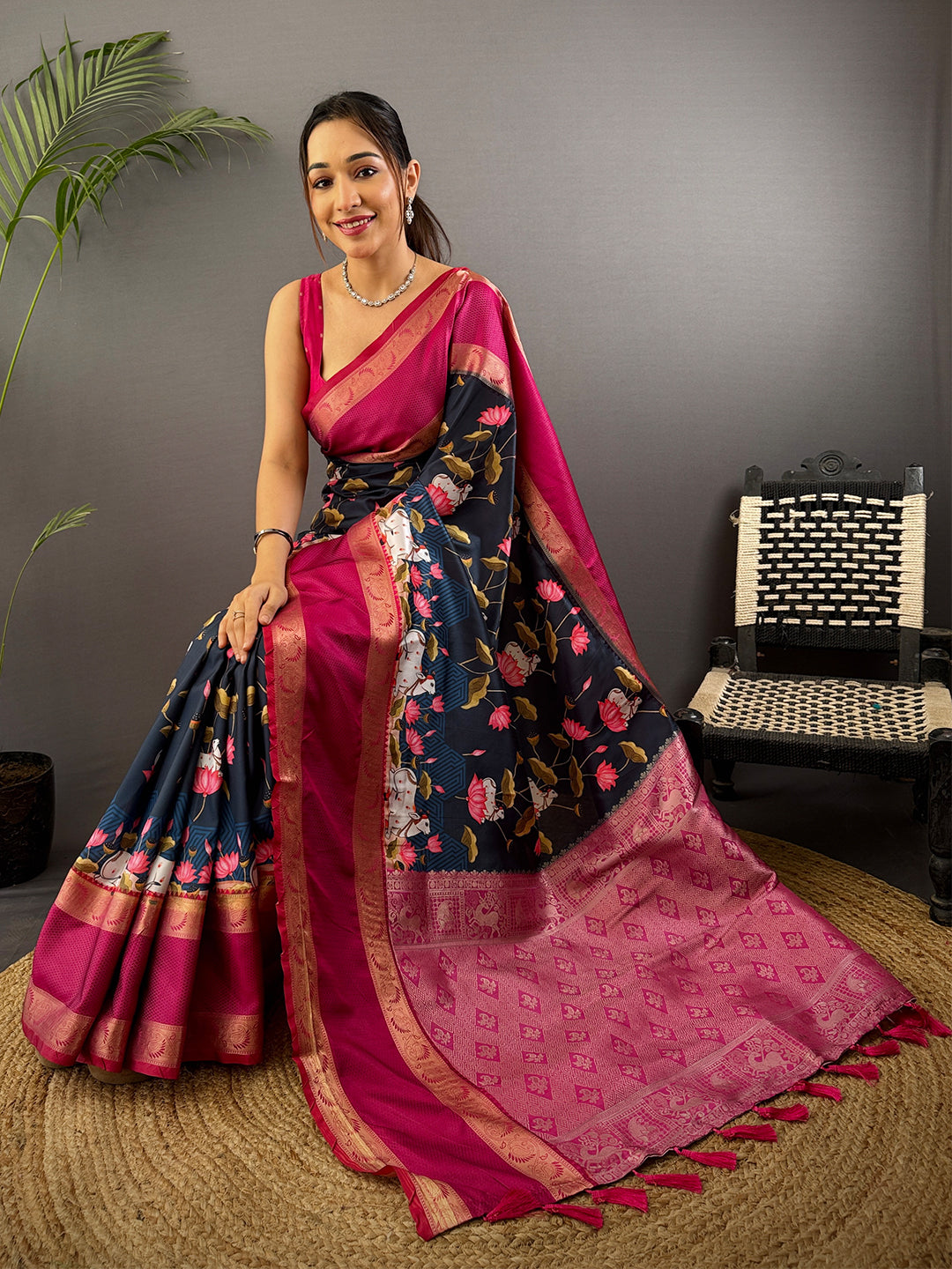 Navy Pichwai Print Banarasi Silk Saree by My Store