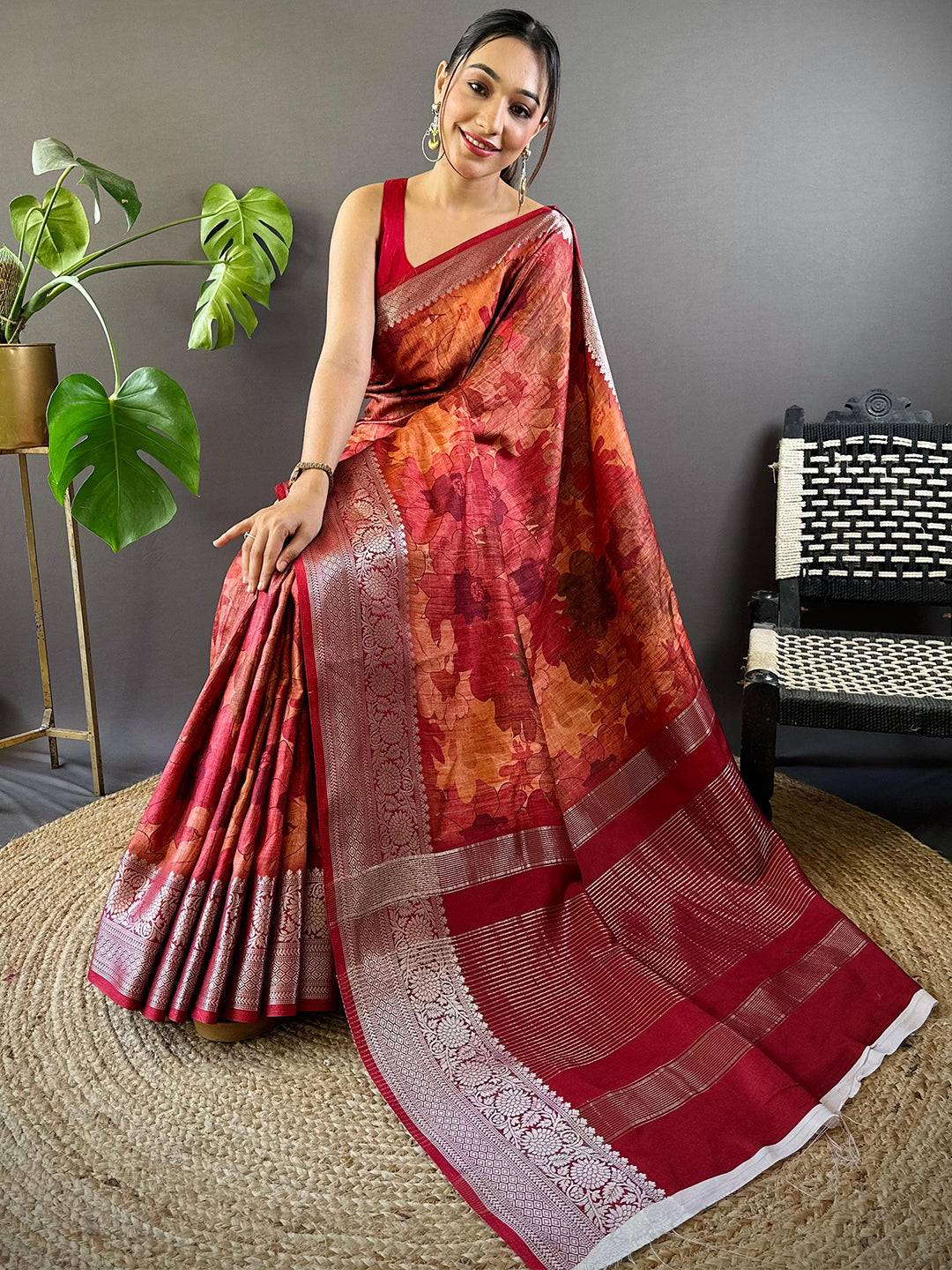 Red Zari Woven Floral Dola Silk Saree by My Store