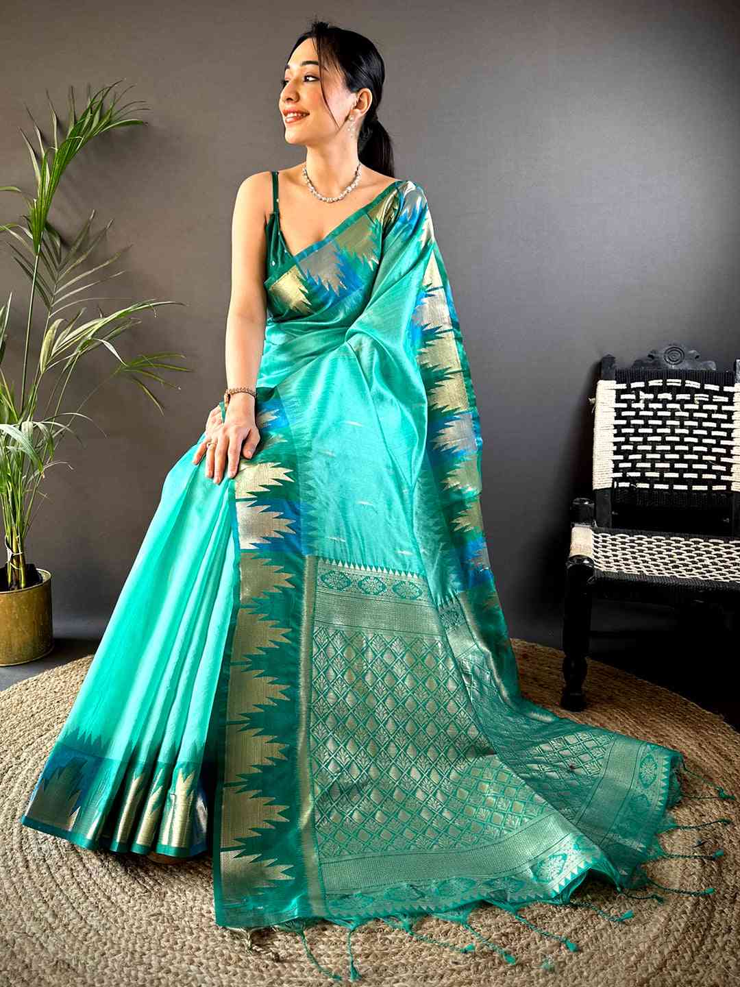 Sky Blue Banarasi Raw Silk Ikkat Saree by My Store