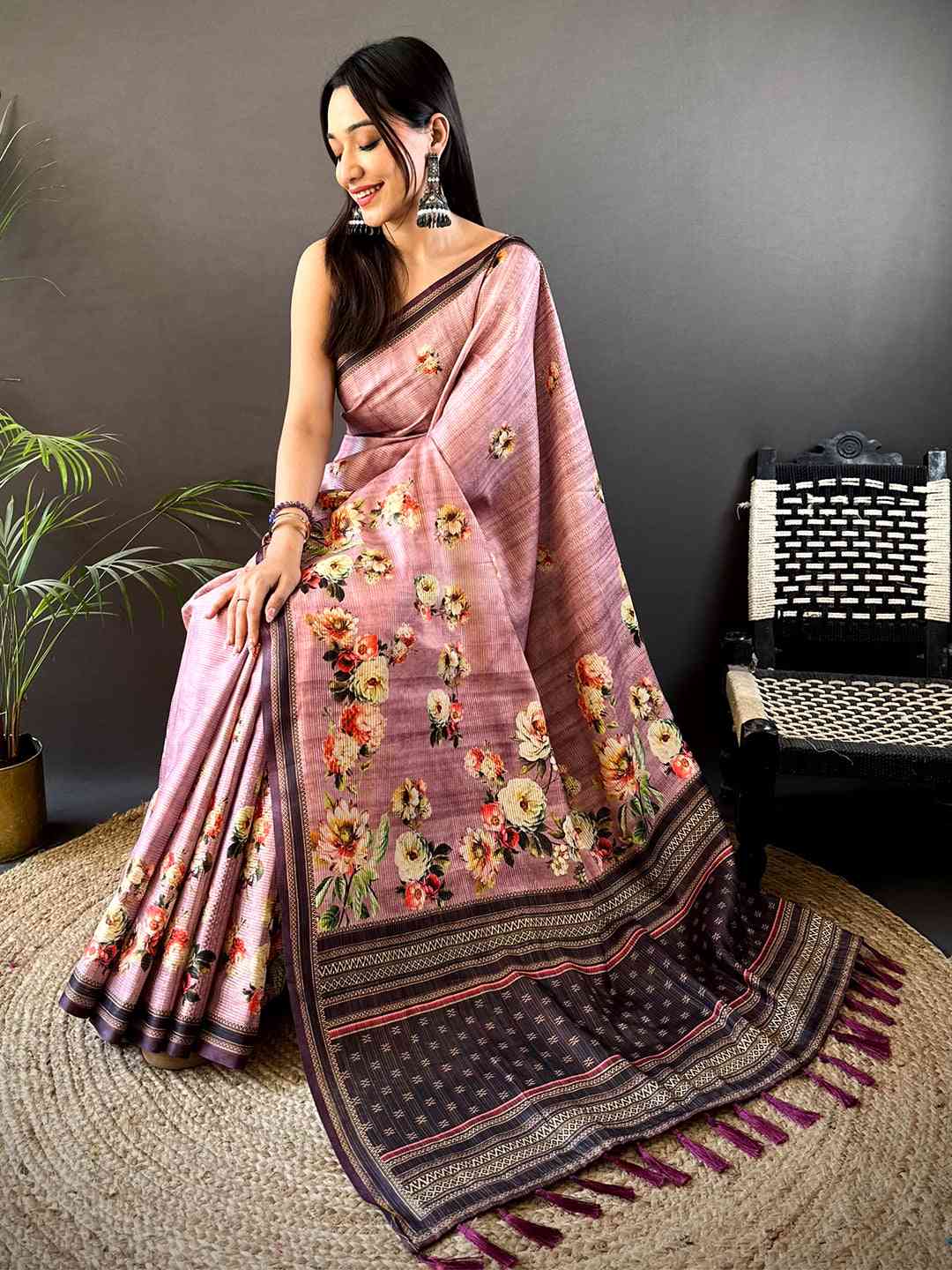 Floral Beauty in Mauve Tussar Zari Saree by My Store