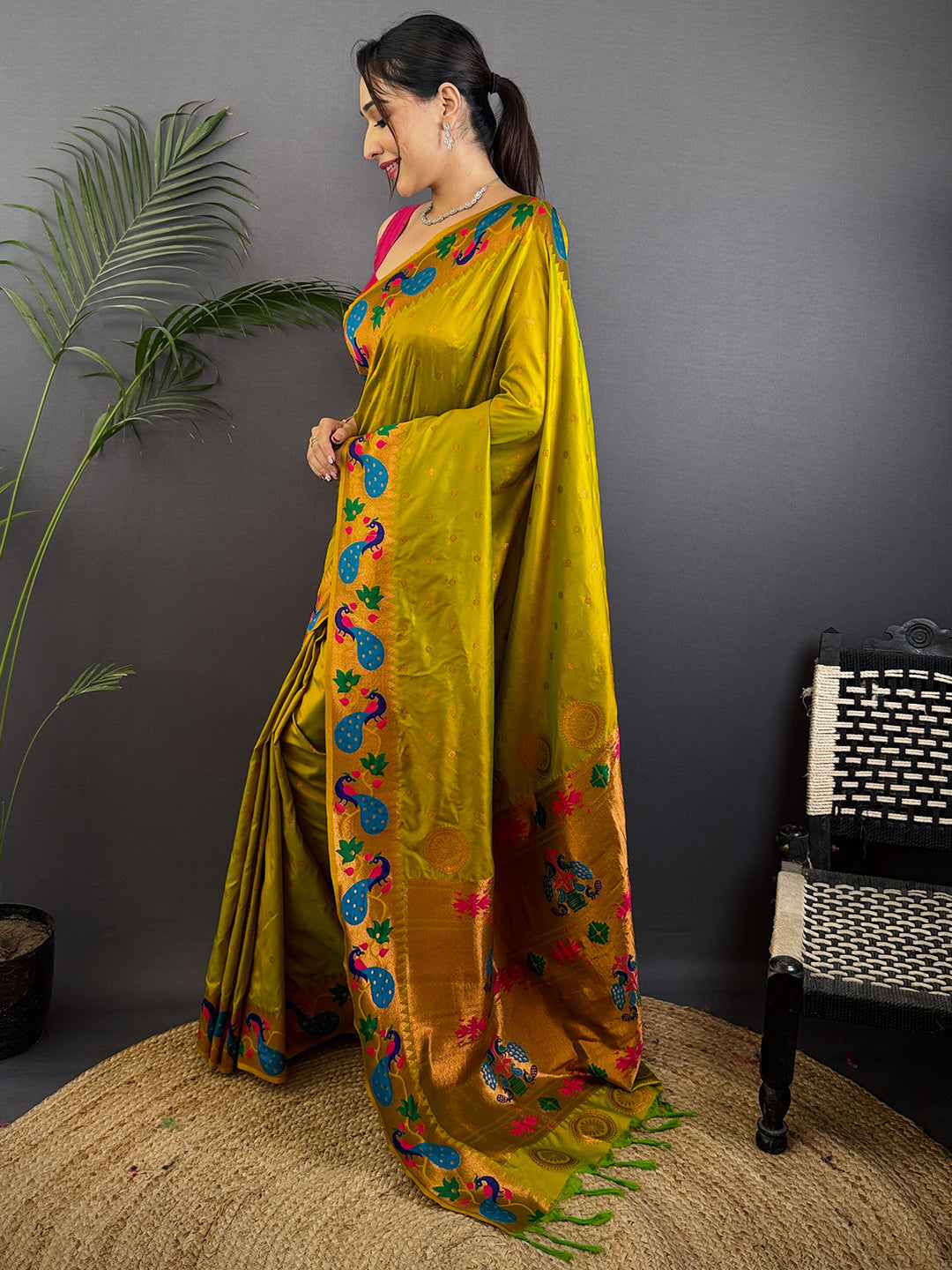 Mustard Yeola Paithani Soft Silk Saree by My Store