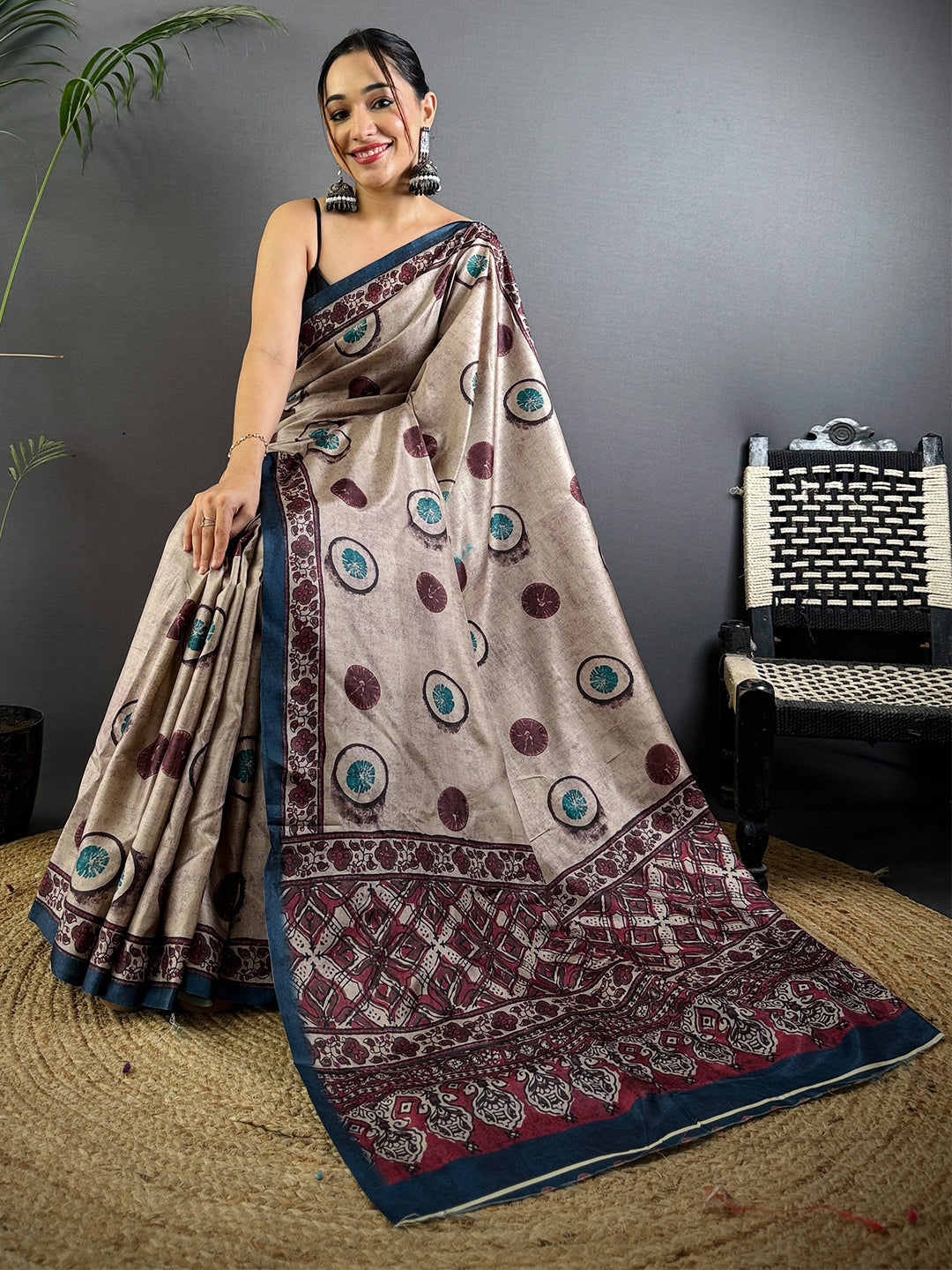 Tan Soft Dola Silk Printed Saree by My Store