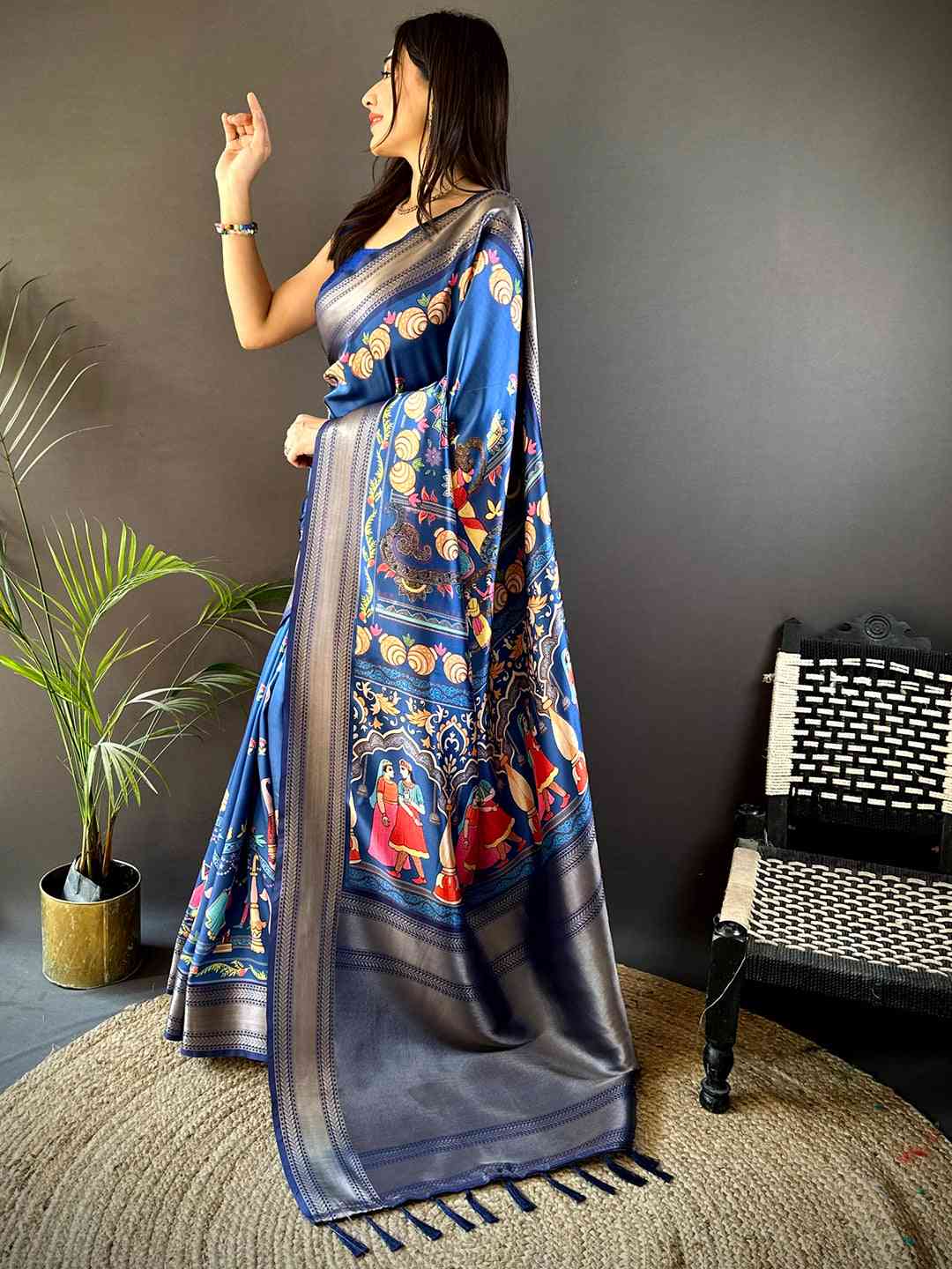 Light Blue Mughal Kalamkari Print Pashmina Saree by My Store