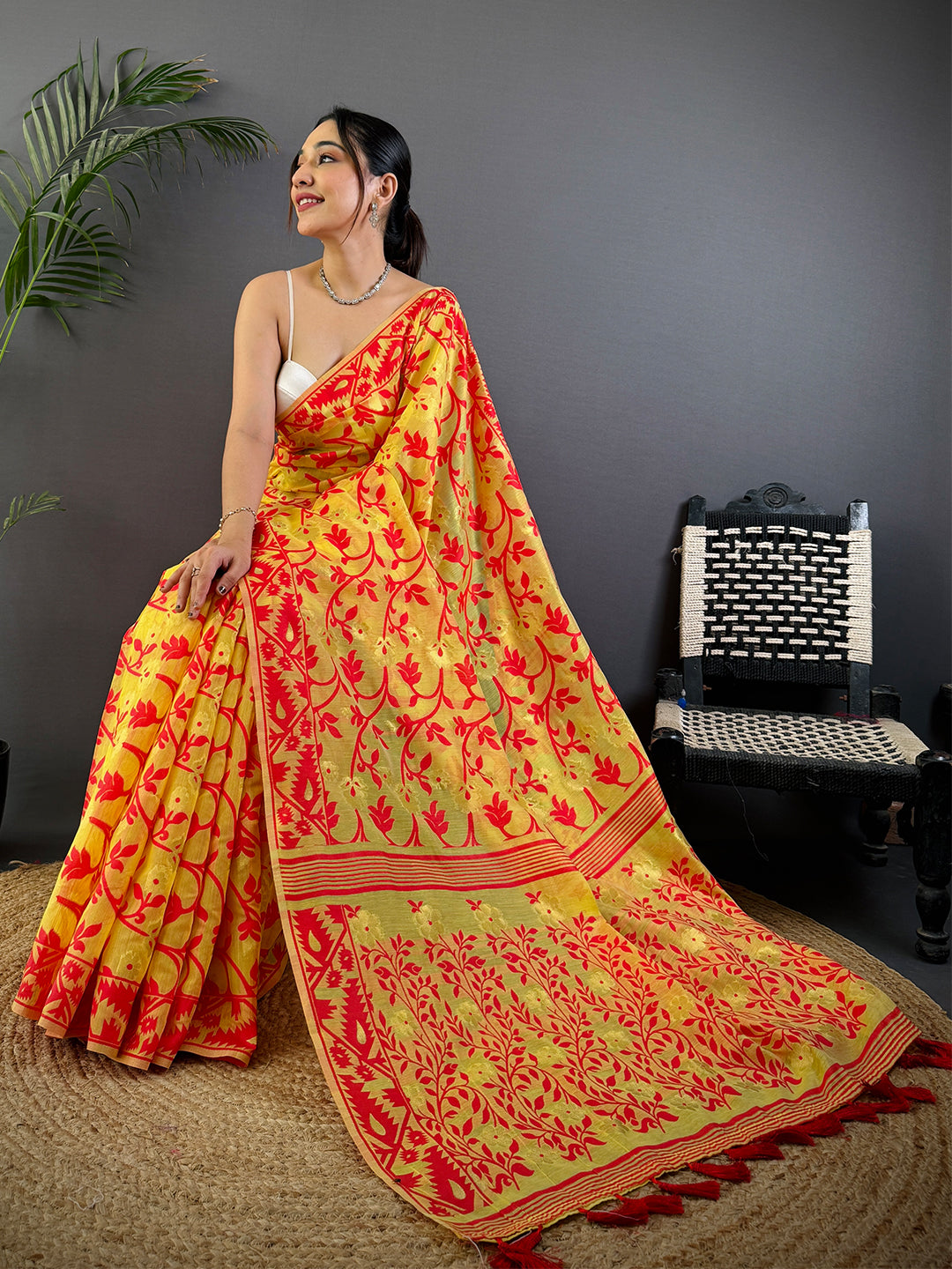 Yellow Soft Dhakai Jamdani Silk Saree