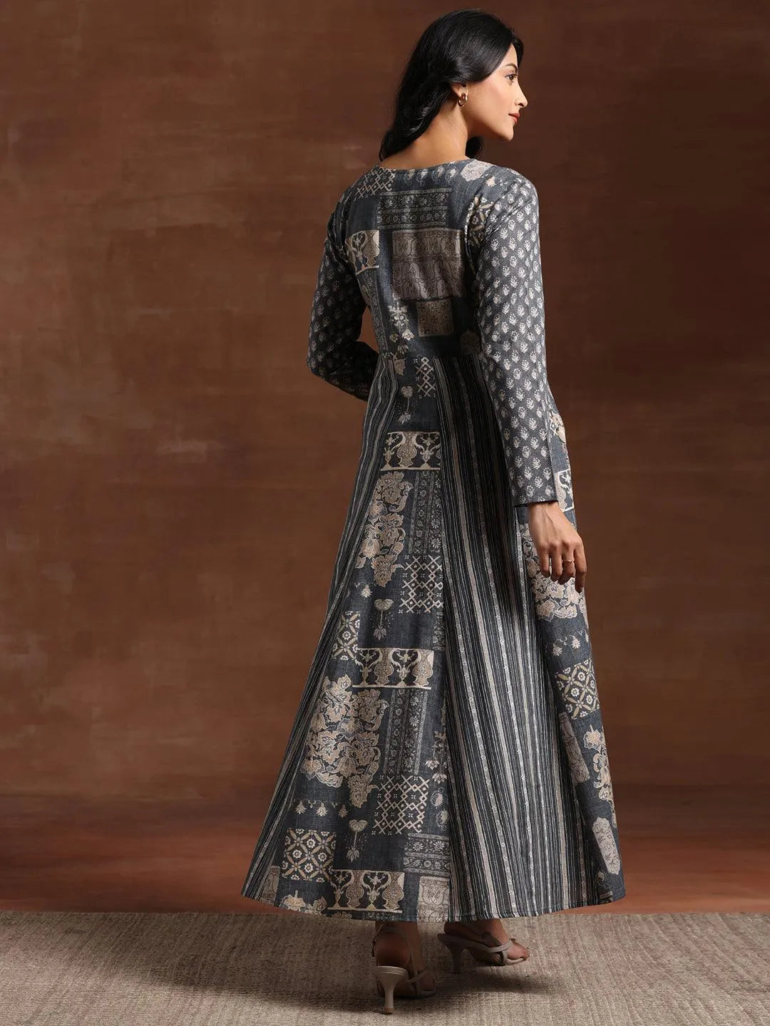 Grey Printed Cotton Blend A-Line Dress by My Store